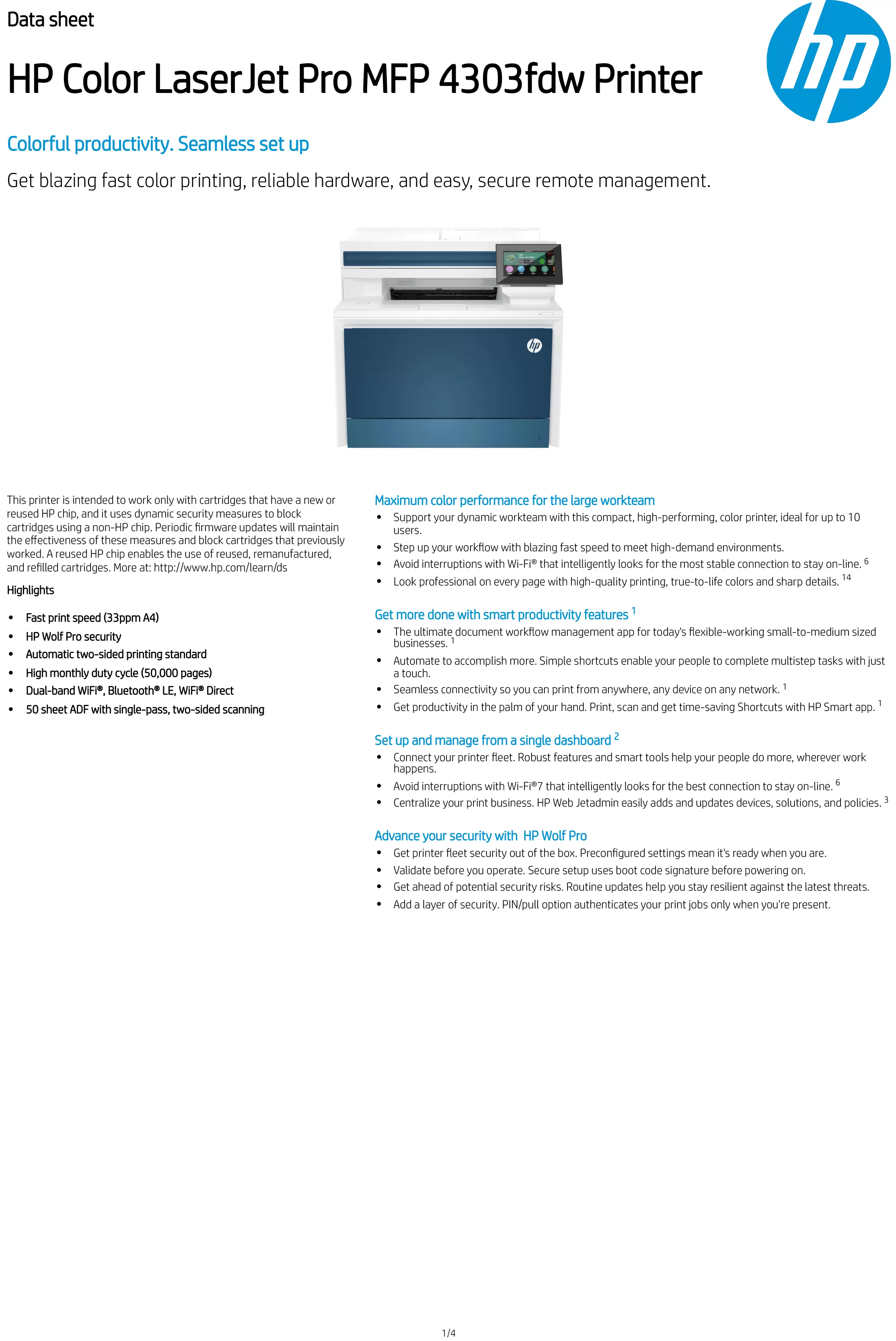 HP 惠普 Color LaserJet Pro 4303fdw 彩色雷射多功能事務機 (5HH67A)