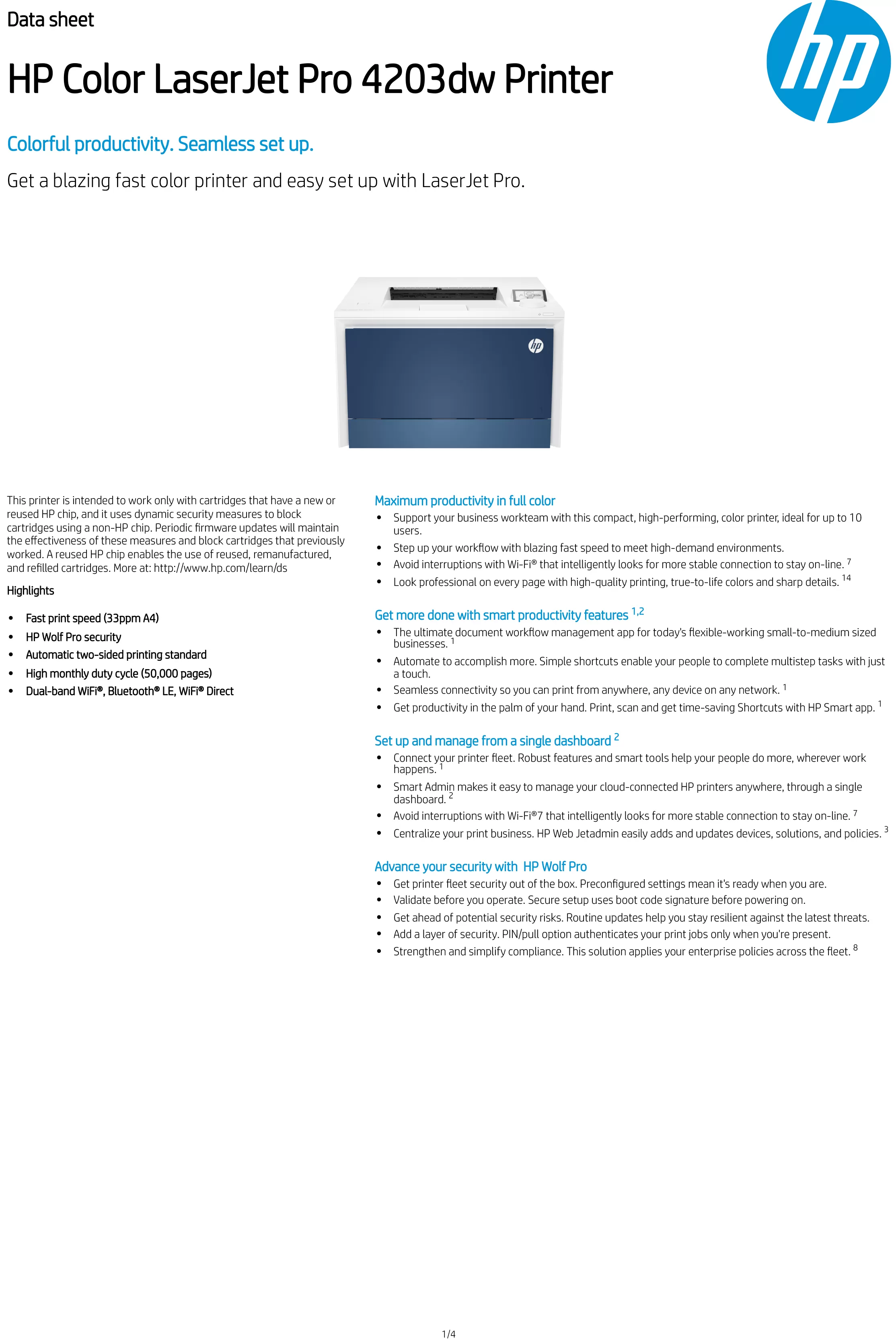 HP 惠普 Color LaserJet Pro 4203dw 無線自動雙面列印 彩色雷射印表機 (5HH48A)