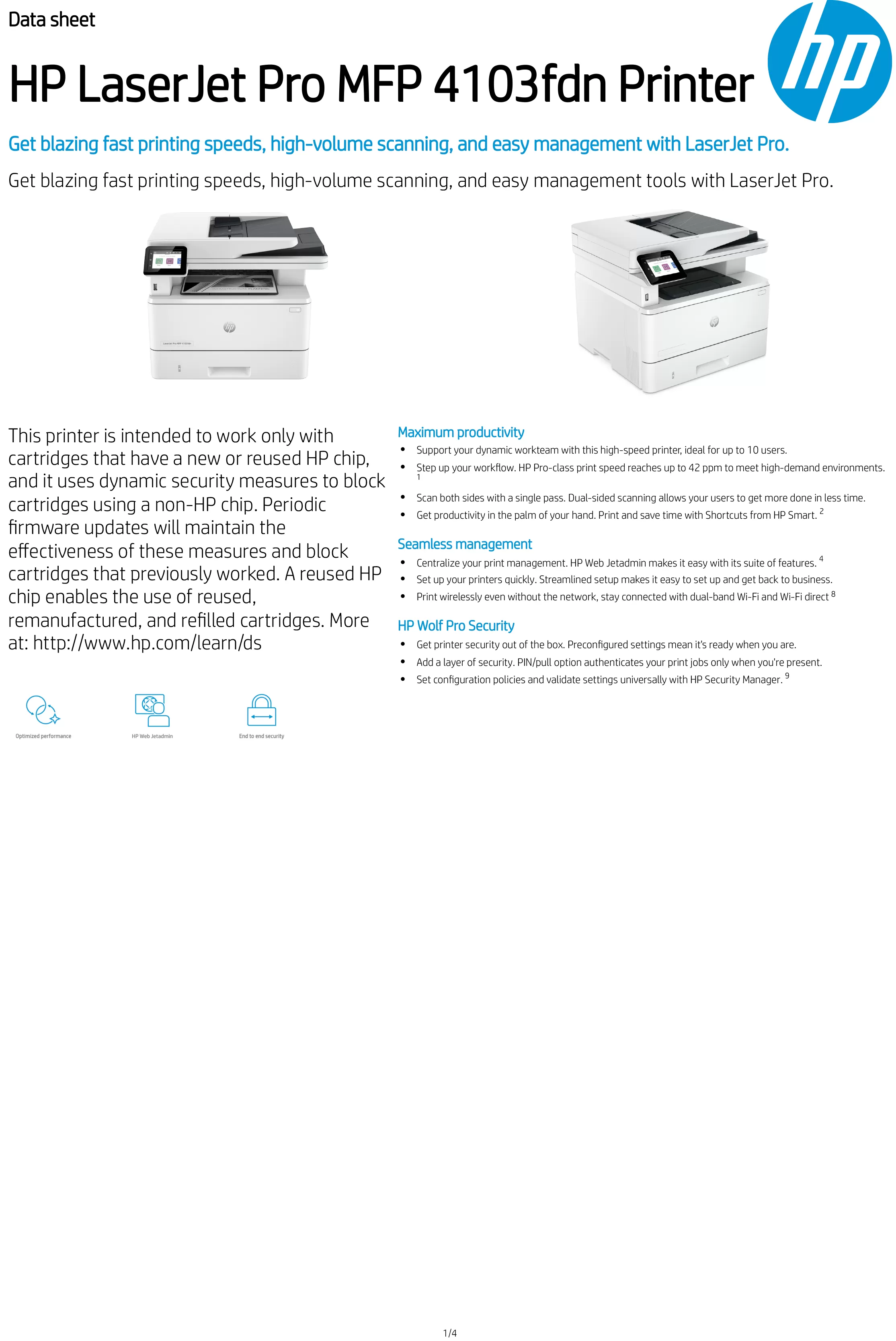 HP 惠普 LaserJet Pro MFP 4103fdn 多功能黑白雷射事務機 (2Z628A)