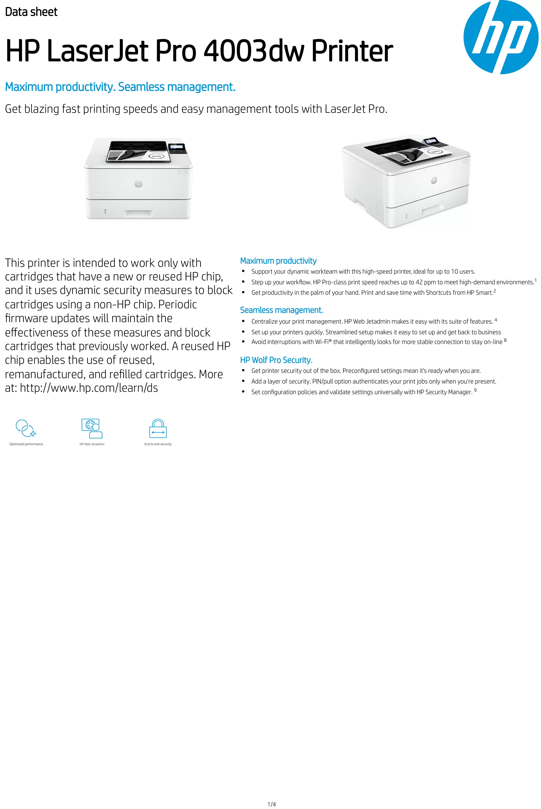 HP 惠普 LaserJet Pro 4003dw 無線雙面 黑白雷射印表機 (2Z610A)