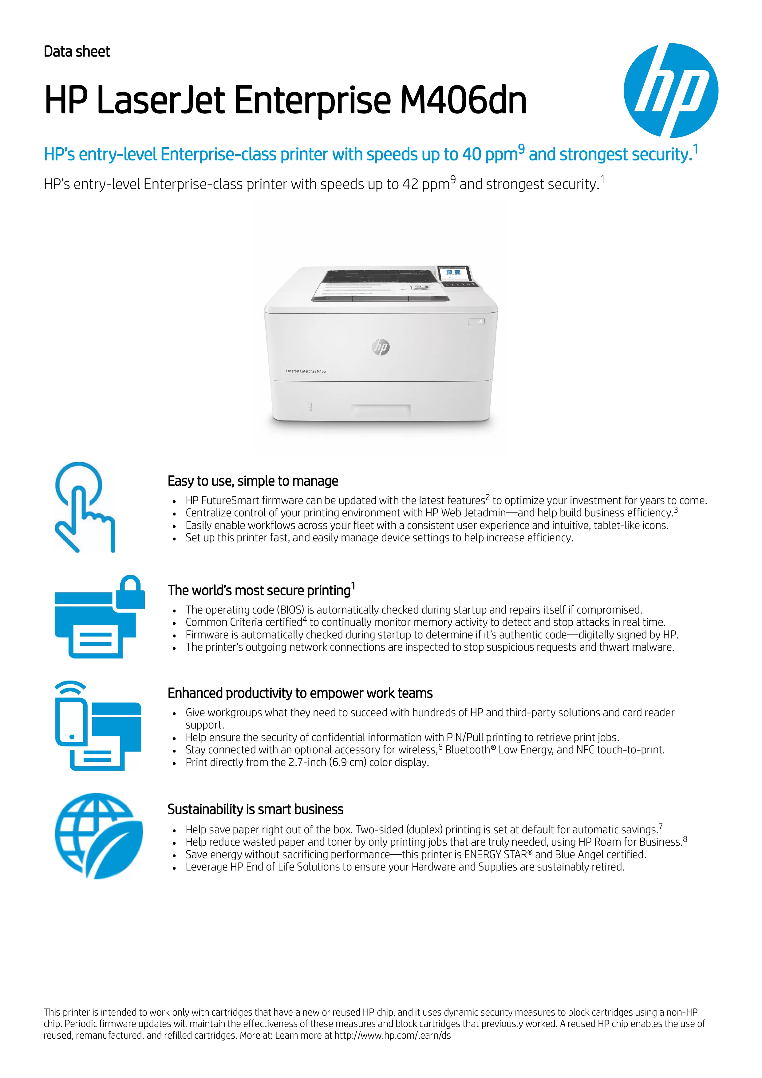 HP 惠普 LaserJet Enterprise M406dn 黑白雷射印表機 (3PZ15A)