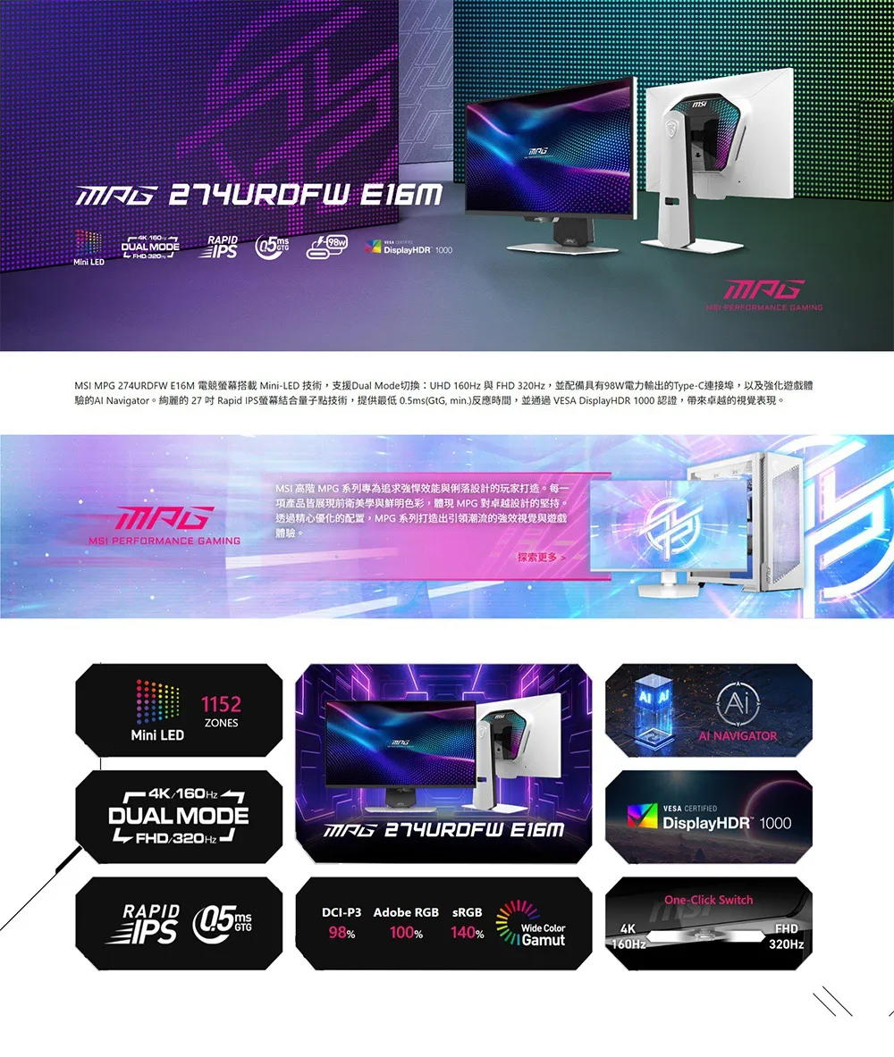 MSI 微星MPG 274URDFW E16M電競螢幕,U62270004,MSI微星MPG274URDFWE16M電競螢幕,原廠保固,大量採購歡迎洽詢,品質保證