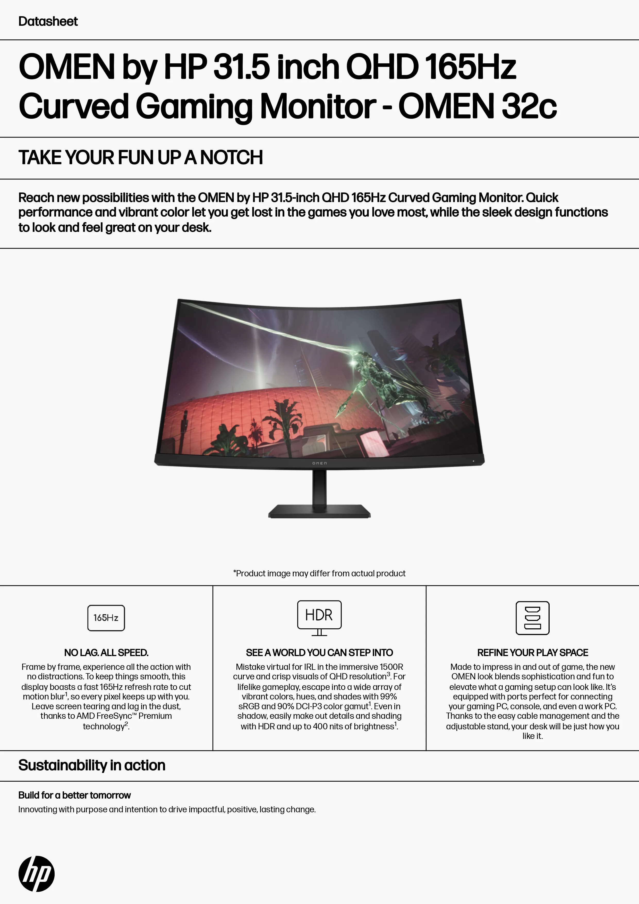 HP 惠普 OMEN 32c 31.5 吋 QHD 165Hz 電競曲面顯示器 (780K7AA)