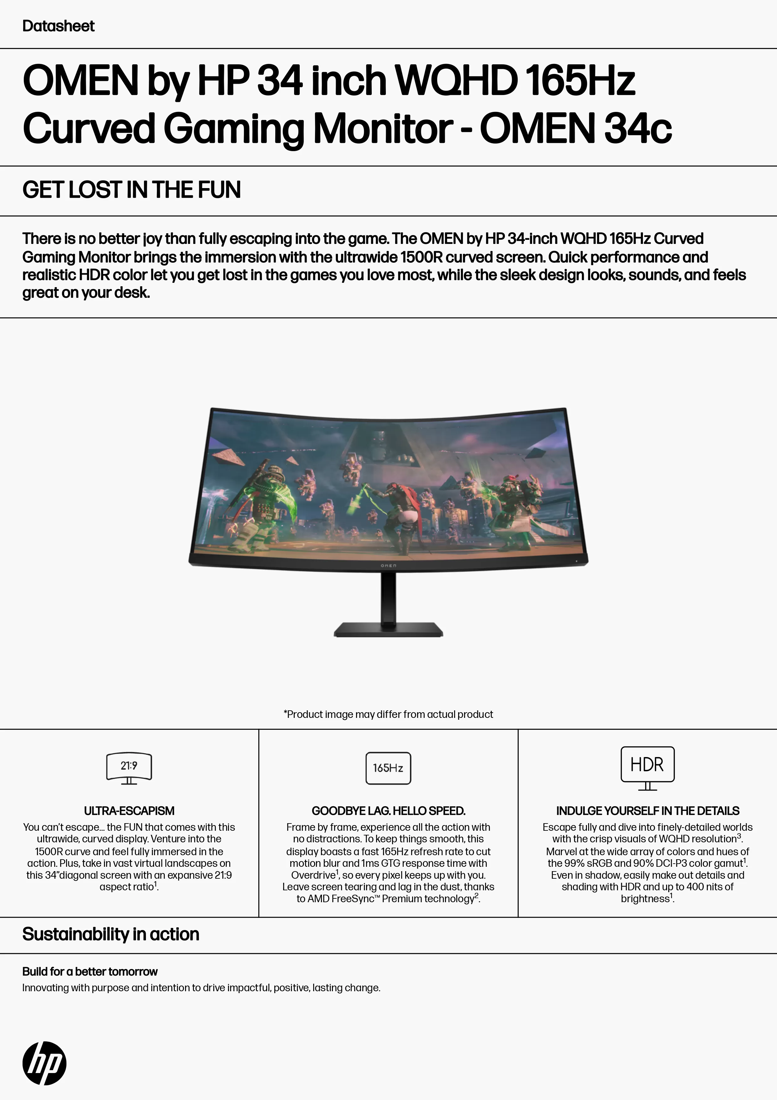 HP 惠普 OMEN 34c 34 吋 WQHD 165Hz 曲面電競顯示器 (780K9AA)
