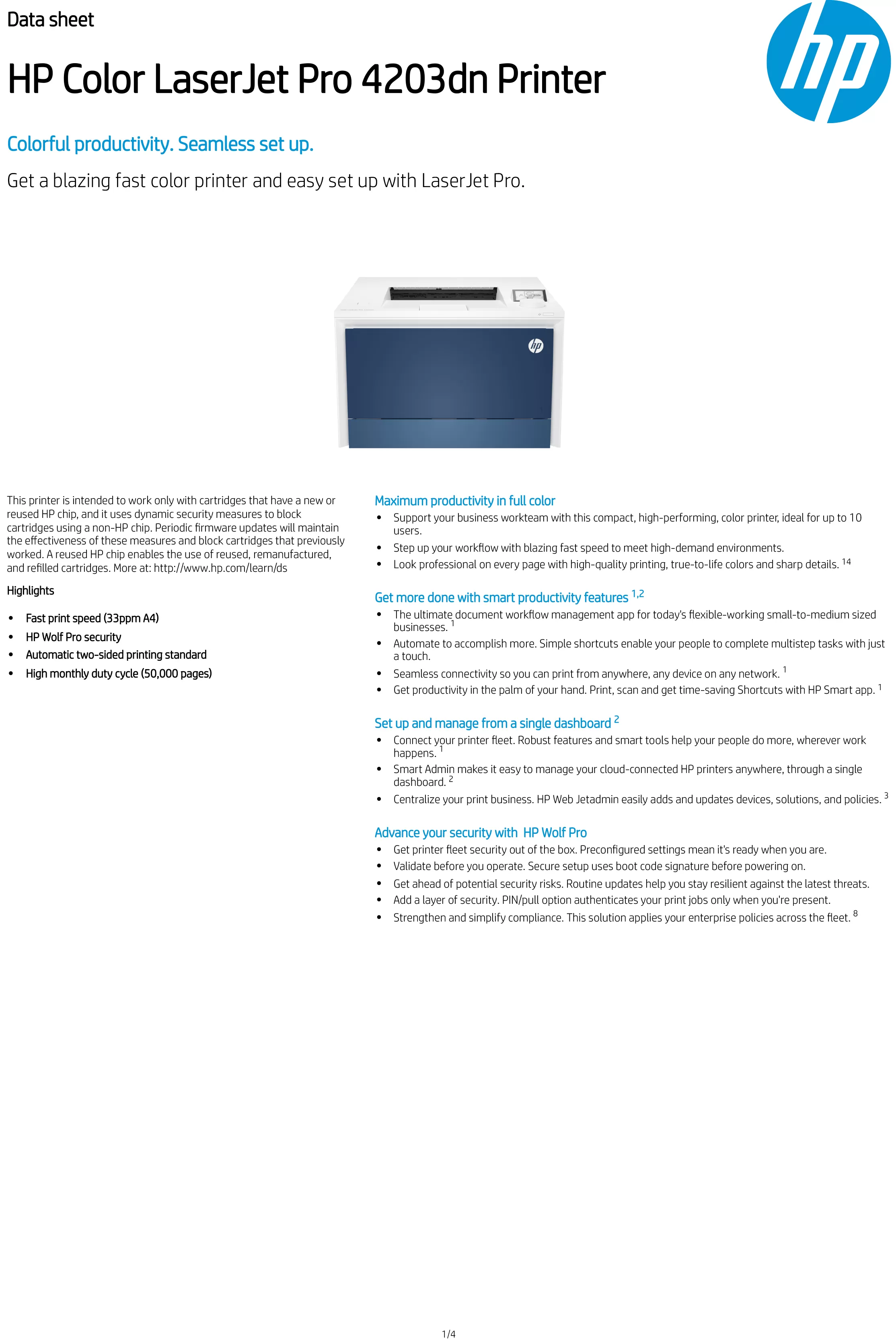 HP 惠普 Color LaserJet Pro 4203dn 彩色雷射印表機 (4RA89A)