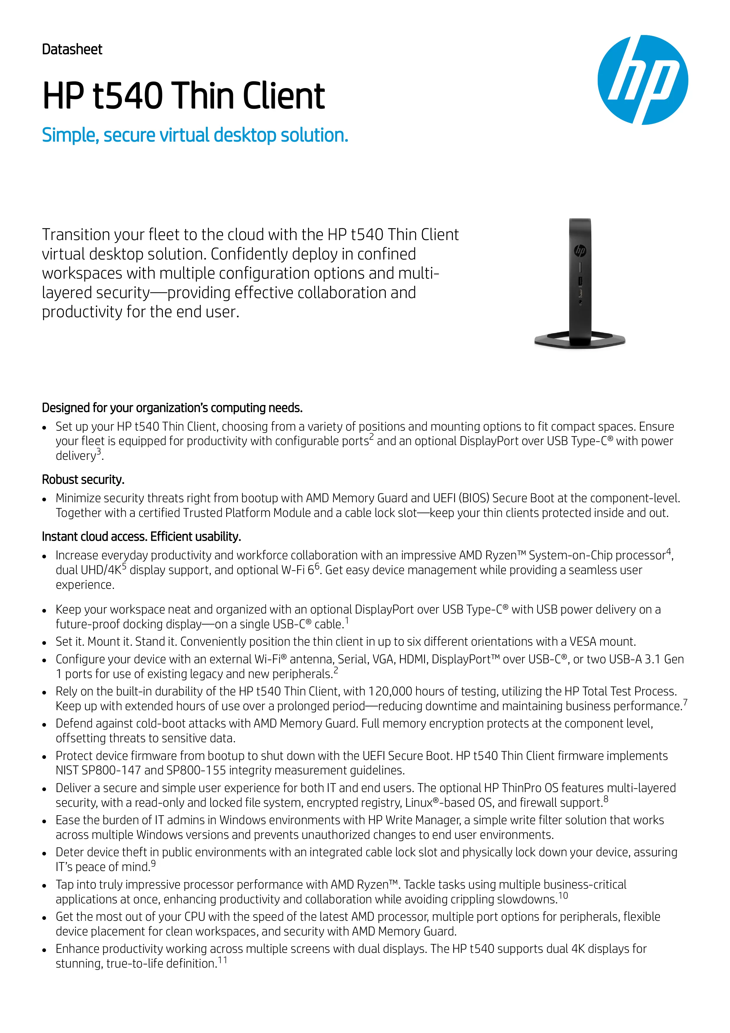 HP 惠普 t540 精簡型用戶端套件 (1X7R3AA)