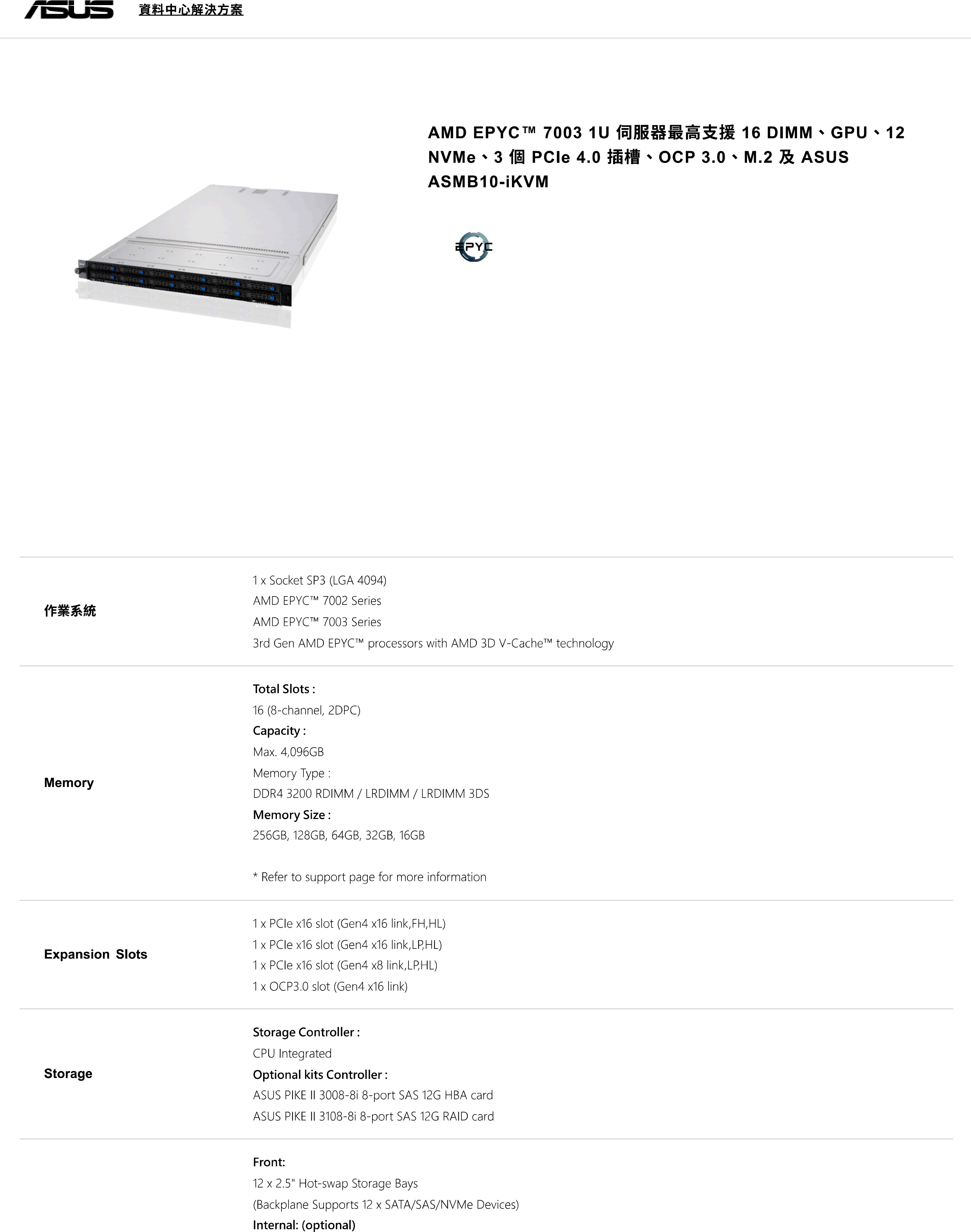 ASUS 華碩 RS500A-E11-RS12U 機架伺服器