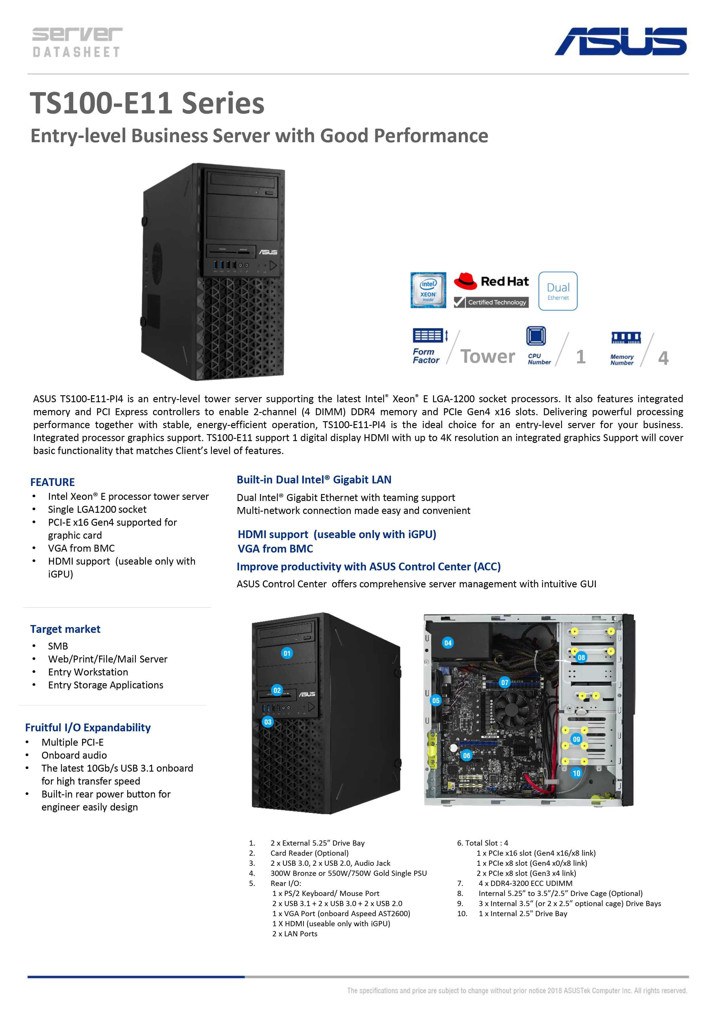 ASUS 華碩 TS100-E11-PI4 直立式伺服器
