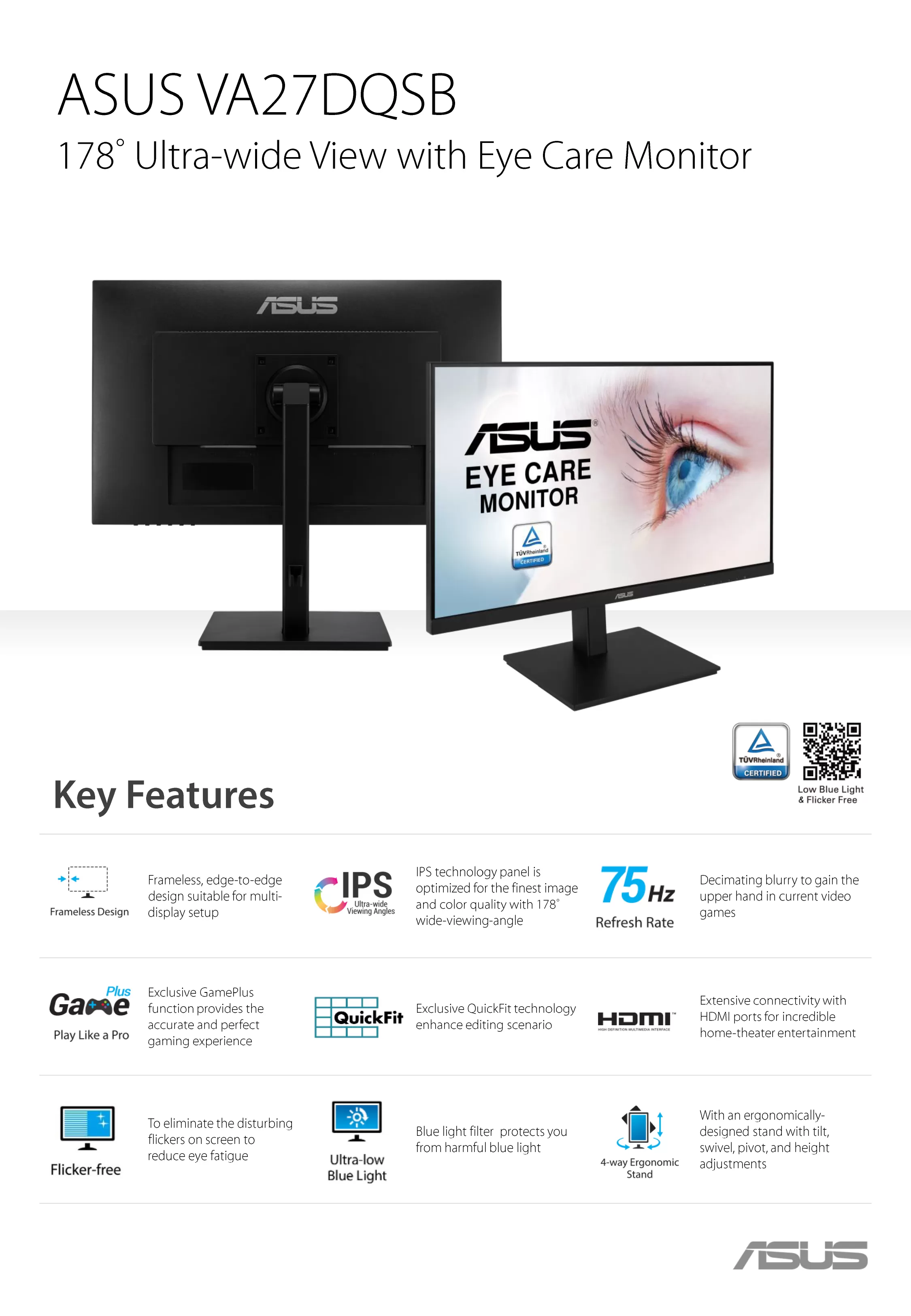 ASUS 華碩 VA27DQSB 商用護眼螢幕,實際價格以報價為主,VA27DQSB,ASUS華碩VA27DQSB商用護眼螢幕,原廠保固,大量採購歡迎洽詢