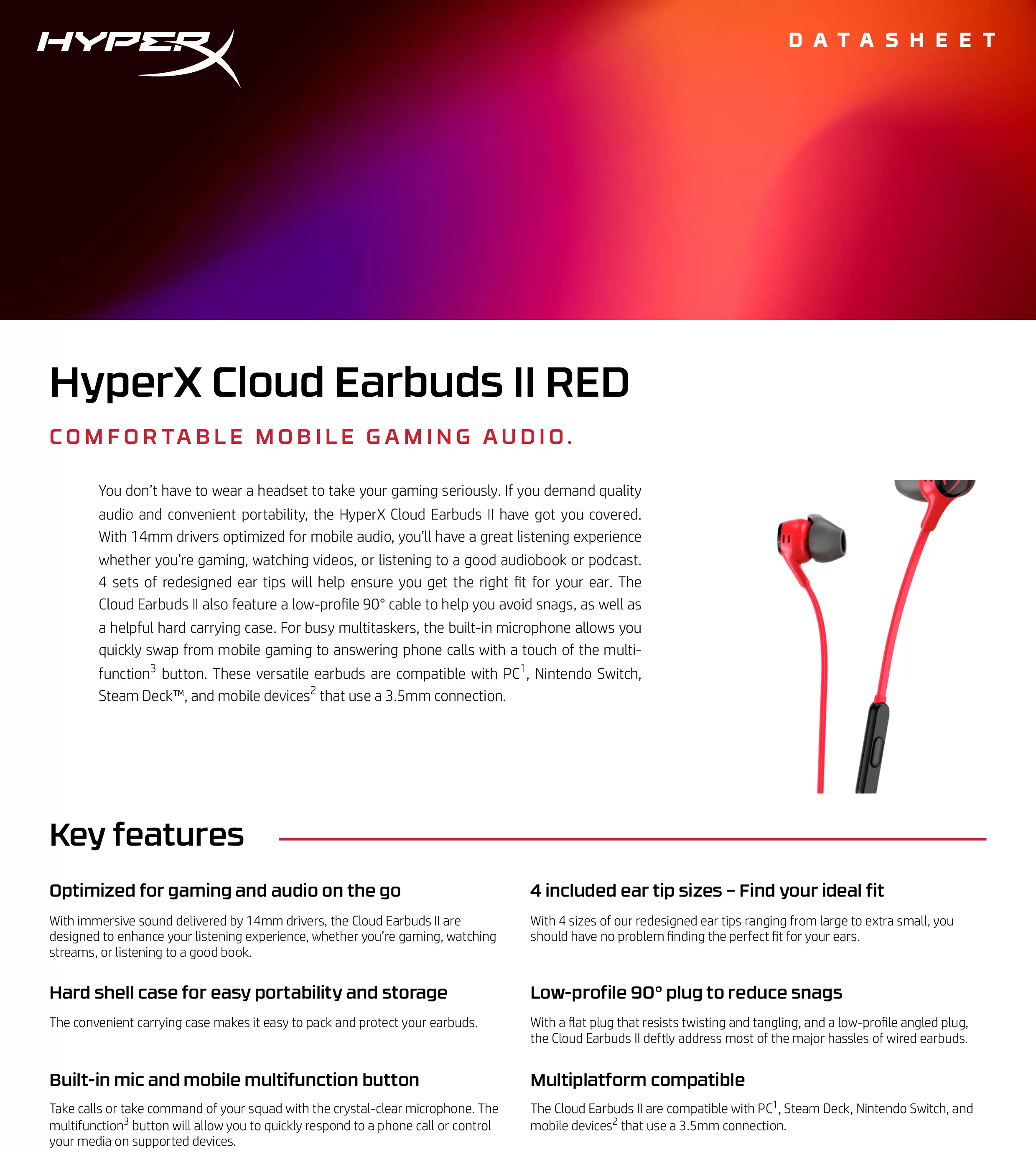 HyperX Cloud Earbuds II 入耳式耳機（紅）