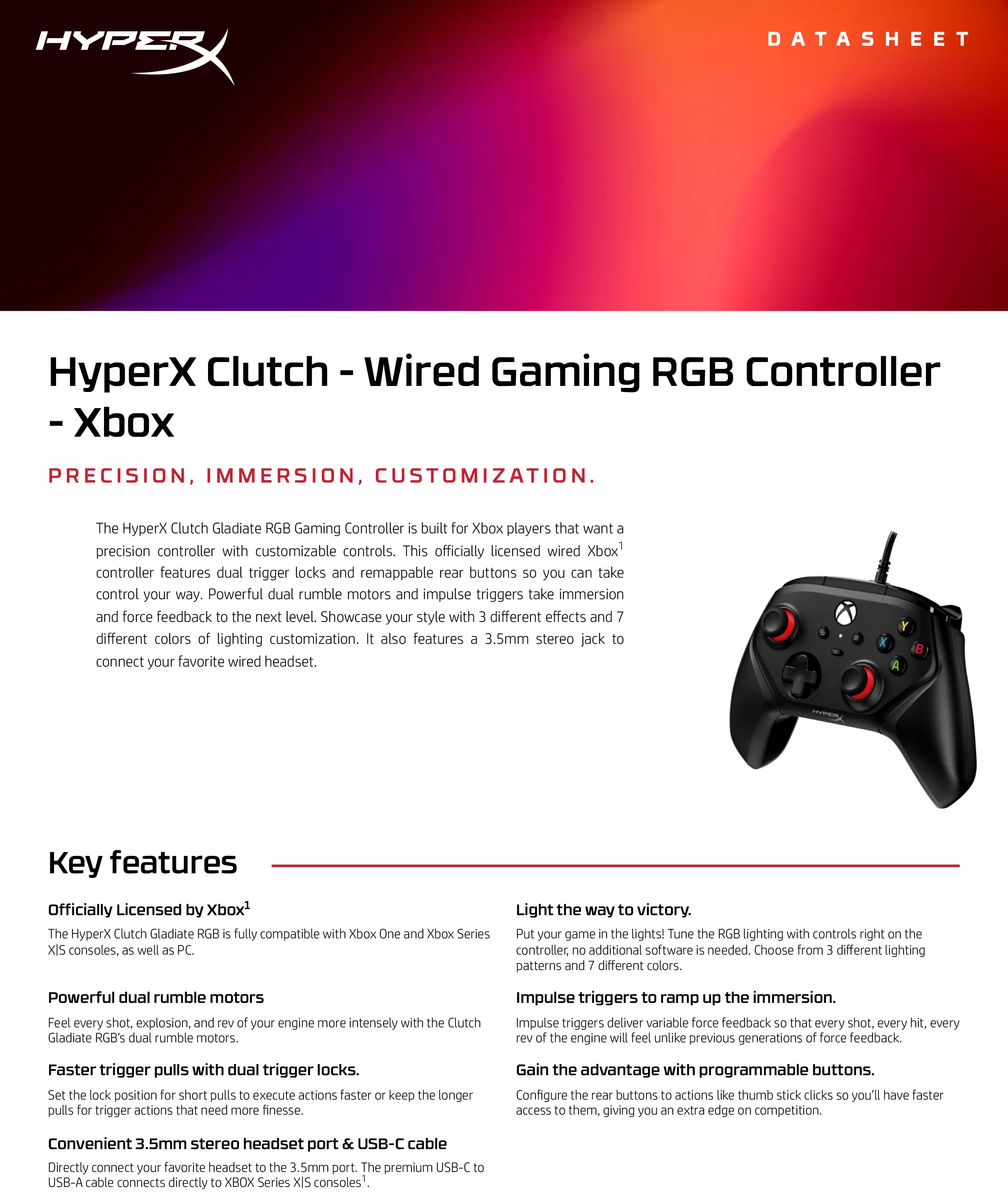 HyperX Clutch Gladiate—有線 RGB 控制器手把—Xbox