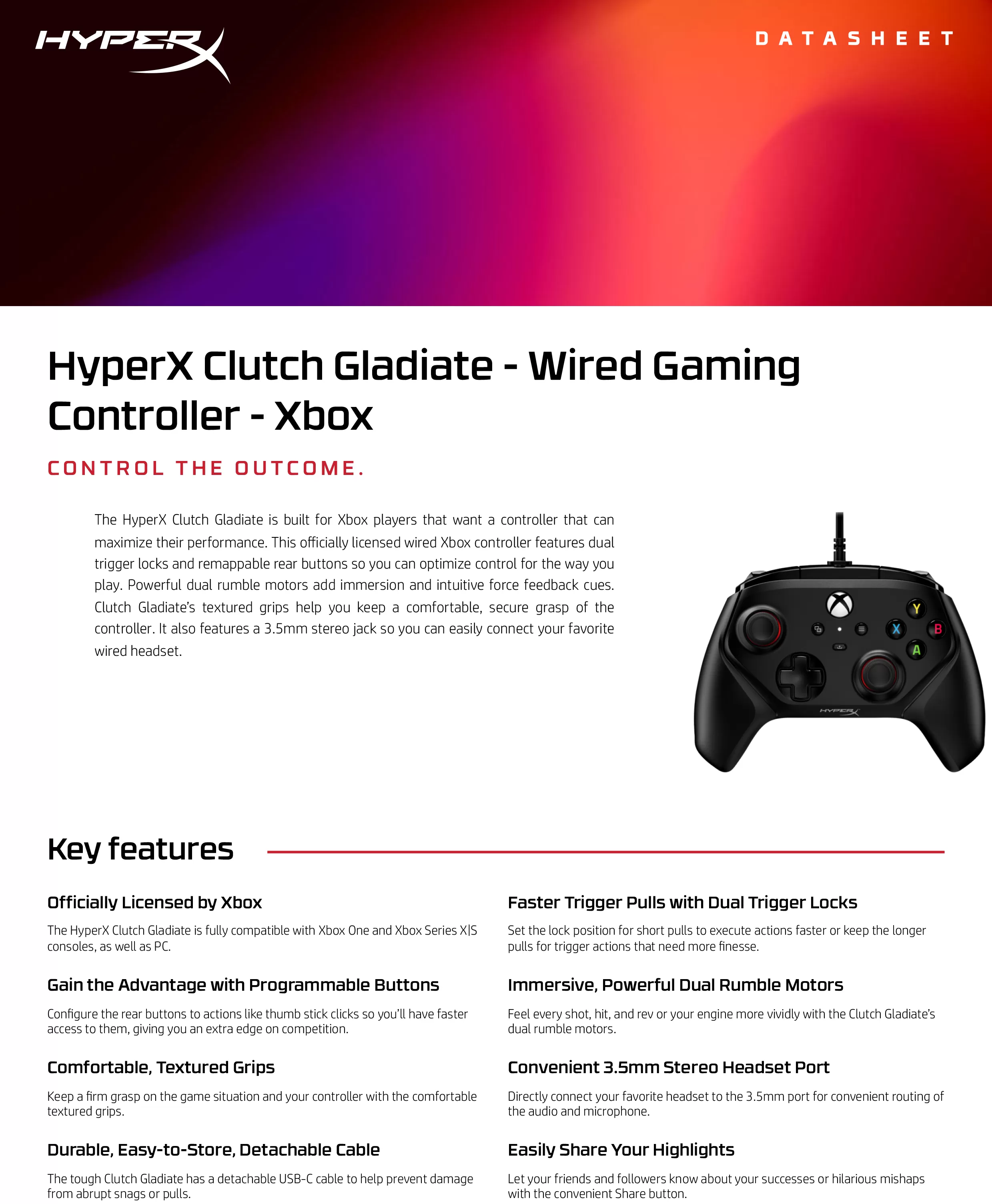 HyperX Clutch Gladiate - 有線控制器手把 - Xbox