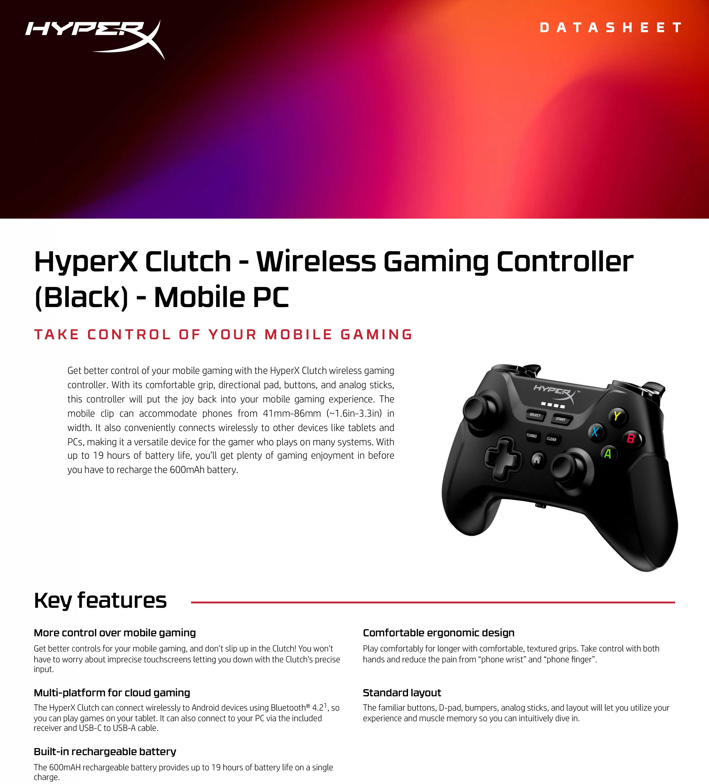 HyperX Clutch — 無線遊戲控制器(黑色) — 行動裝置 PC