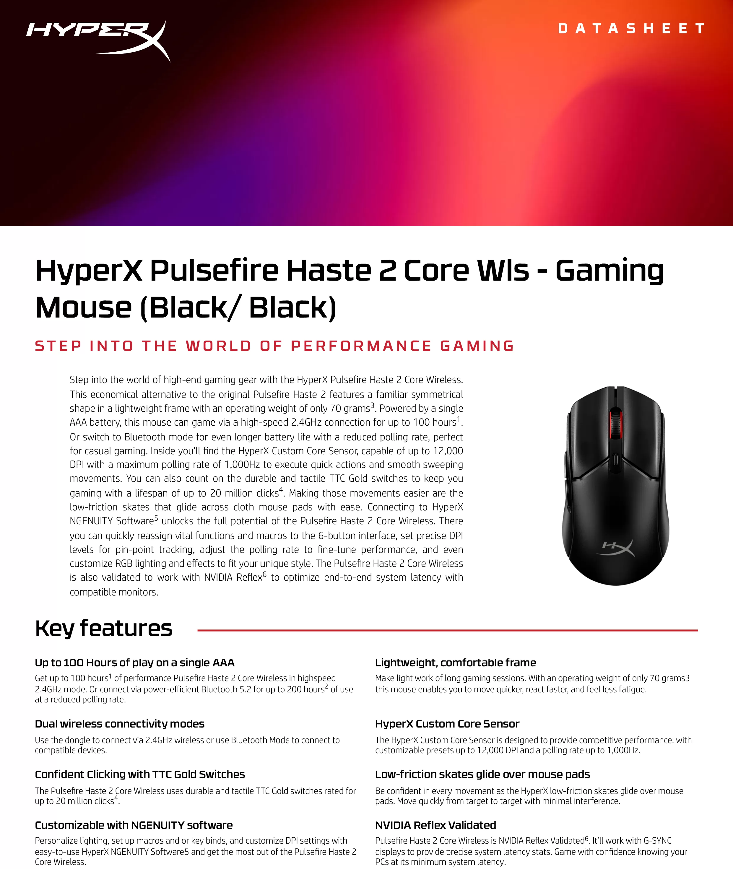 HyperX Pulsefire Haste 2 Core WLS——電競滑鼠（黑色 / 黑色）