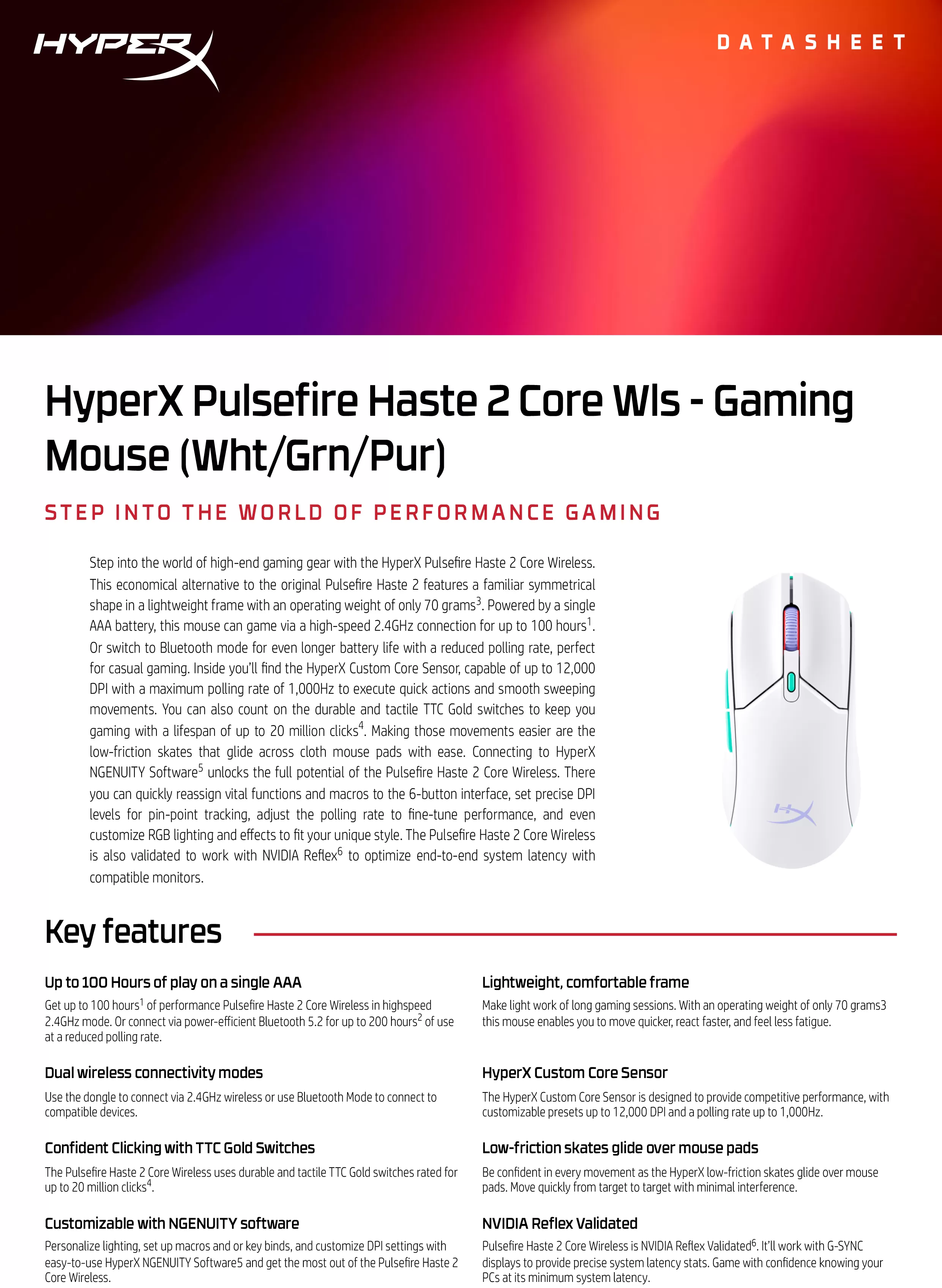 HyperX Pulsefire Haste 2 Core WLS——電競滑鼠（白 / 綠 /紫）