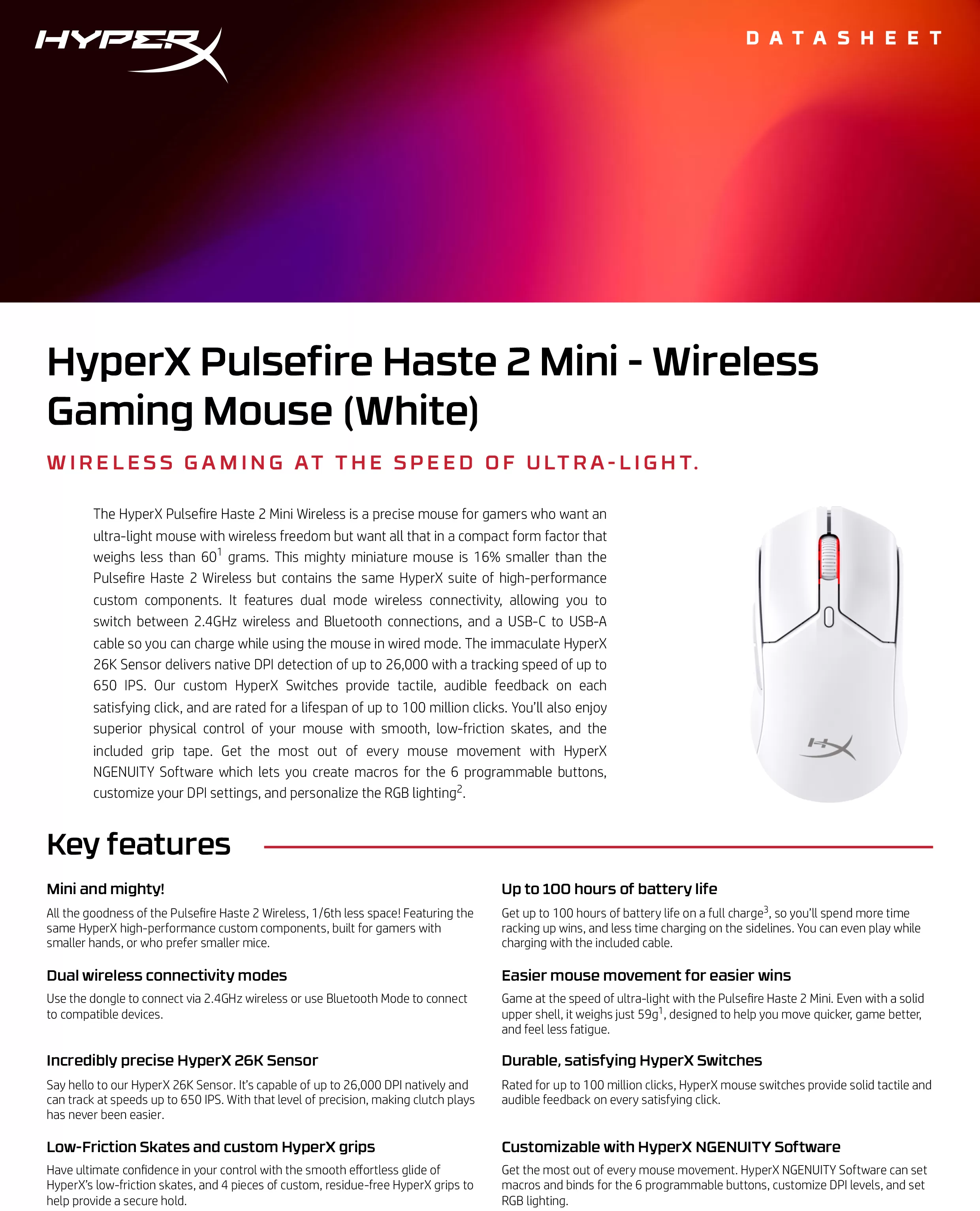 HyperX Pulsefire Haste 2 Mini - 無線電競滑鼠（白色）