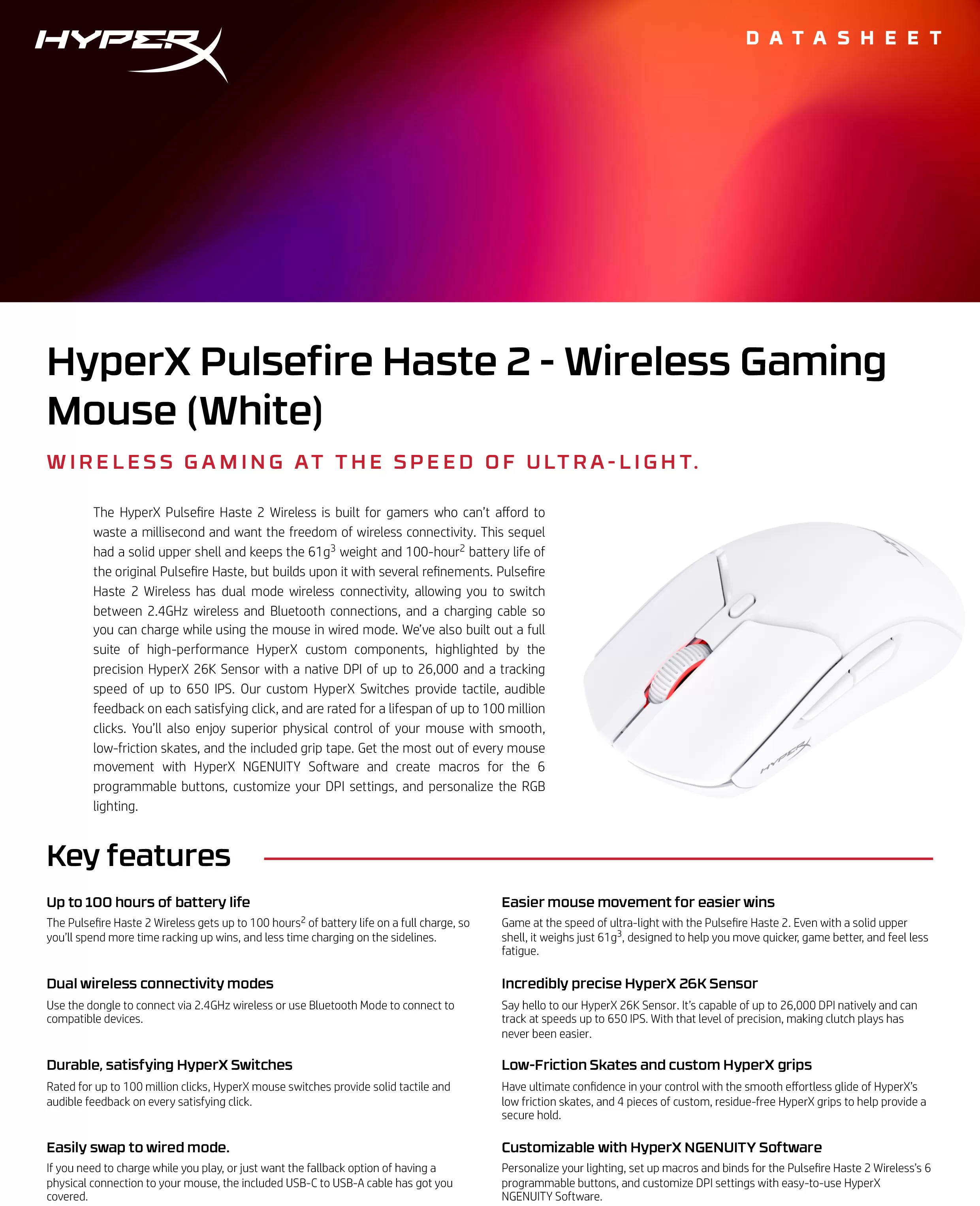 HyperX Pulsefire Haste 2 - 無線電競滑鼠（白色）