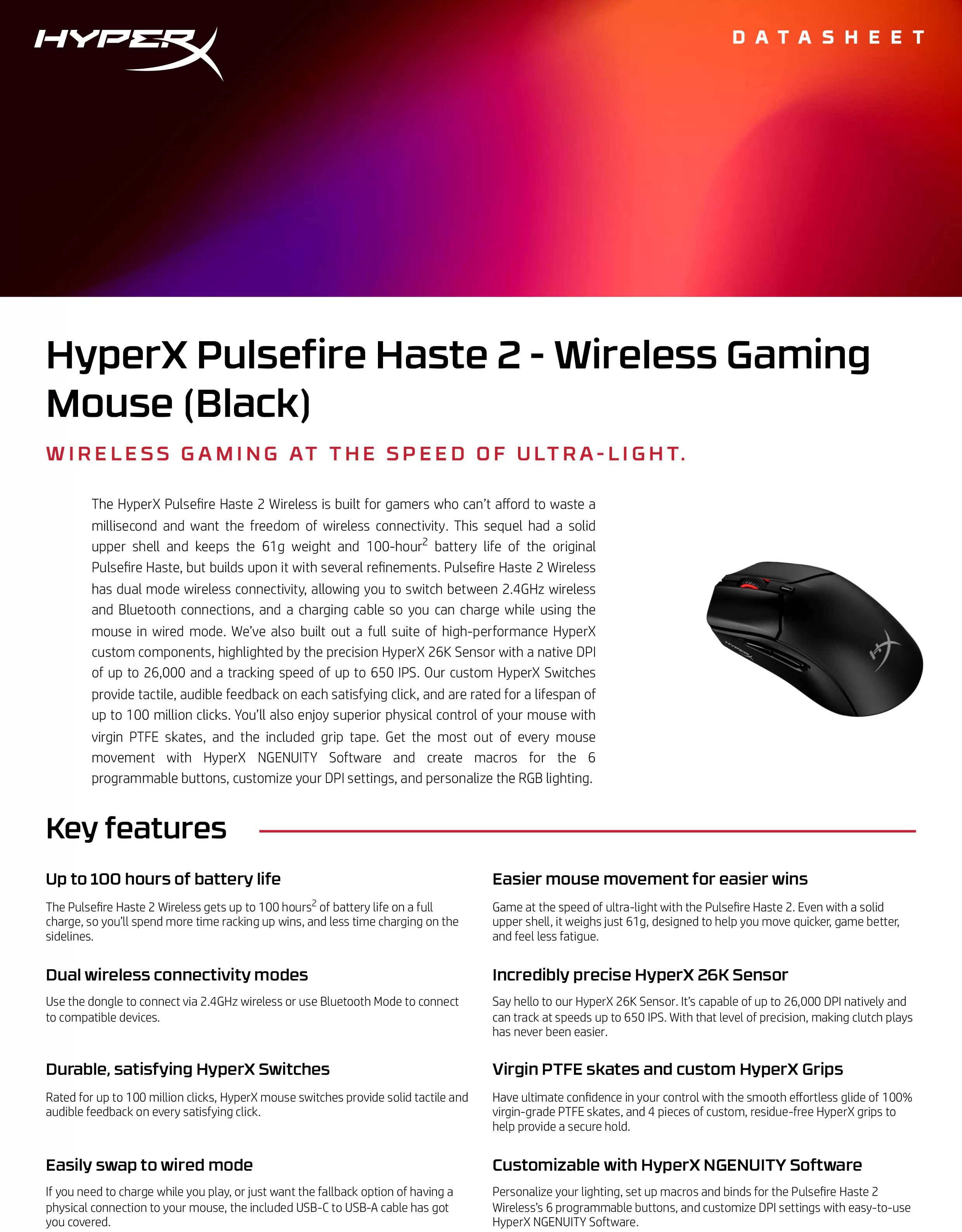 HyperX Pulsefire Haste 2 - 無線電競滑鼠（黑色）