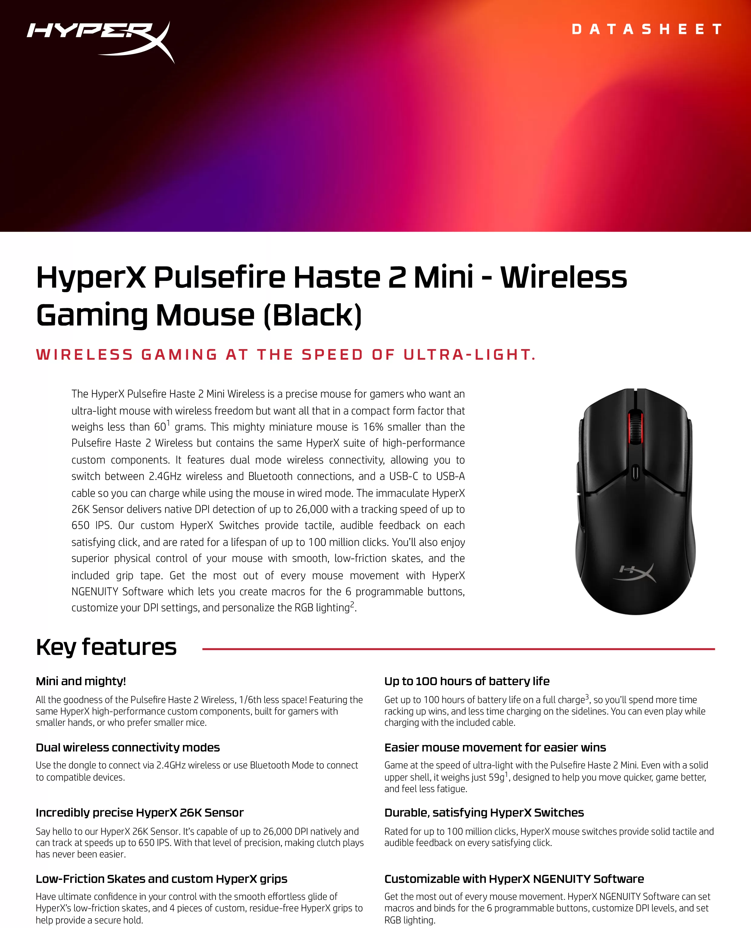 HyperX Pulsefire Haste 2 Mini - 無線電競滑鼠（黑色）