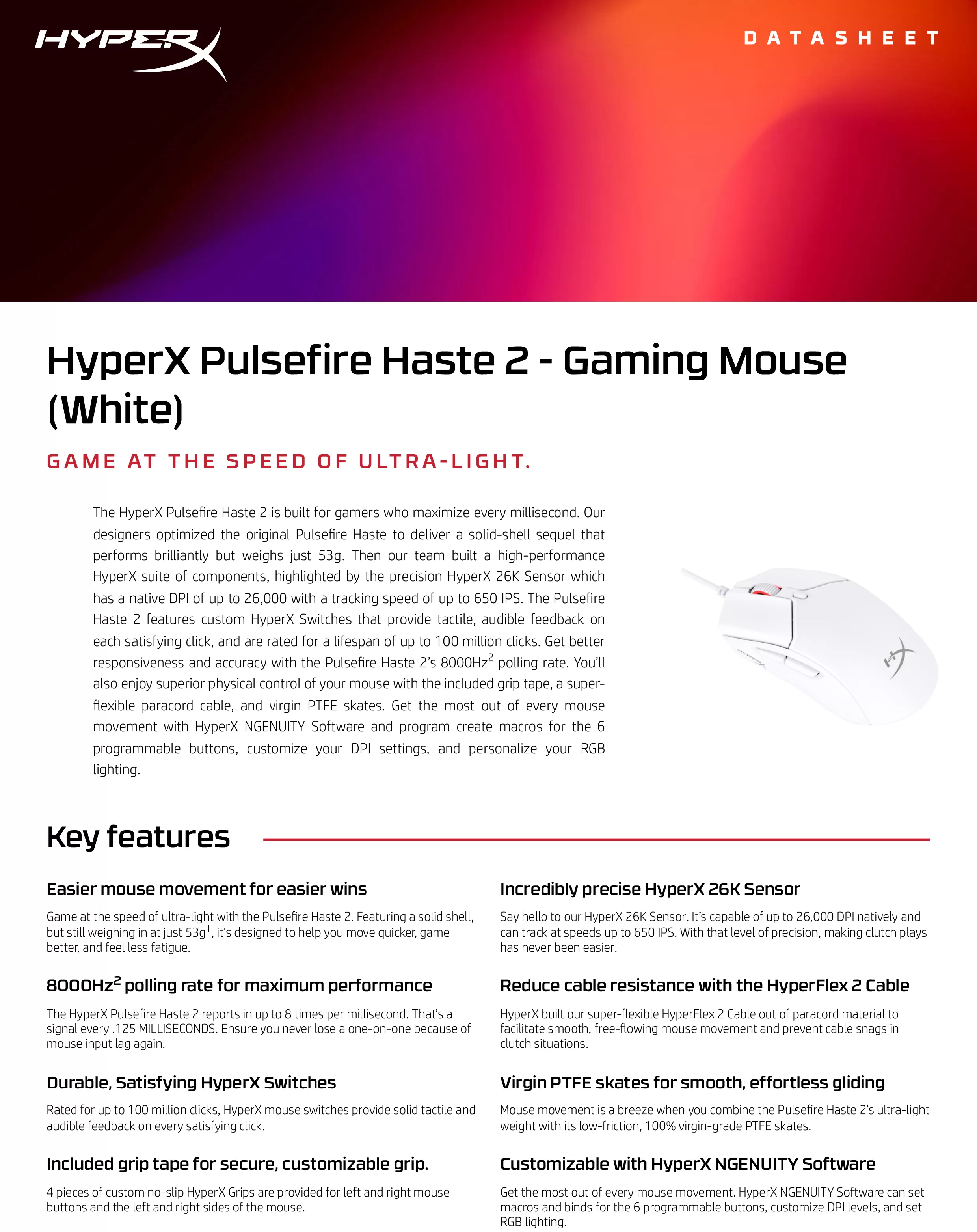 HyperX Pulsefire Haste 2 - 電競滑鼠（白色）