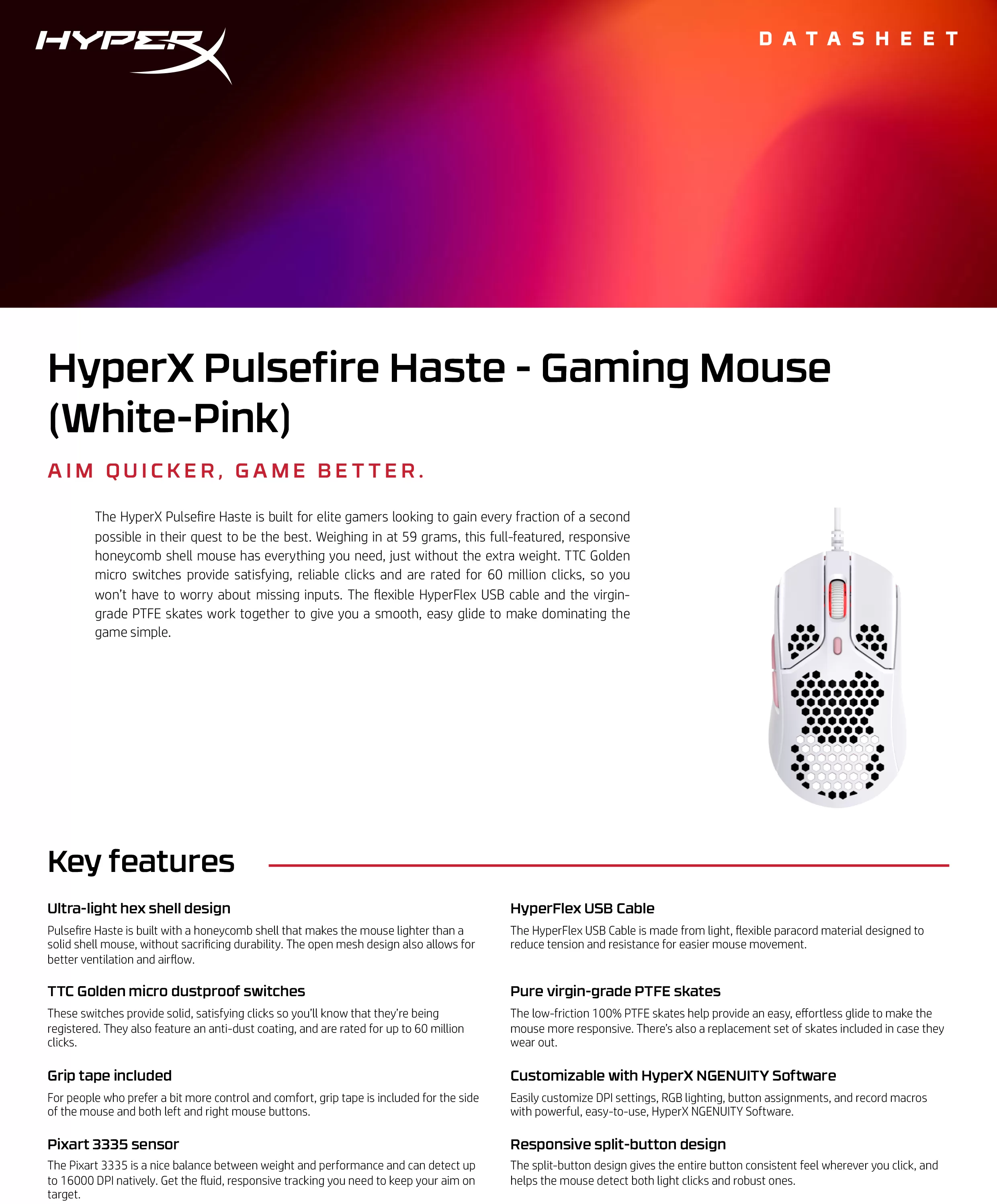 HyperX Pulsefire Haste - 電競滑鼠（白/粉紅）