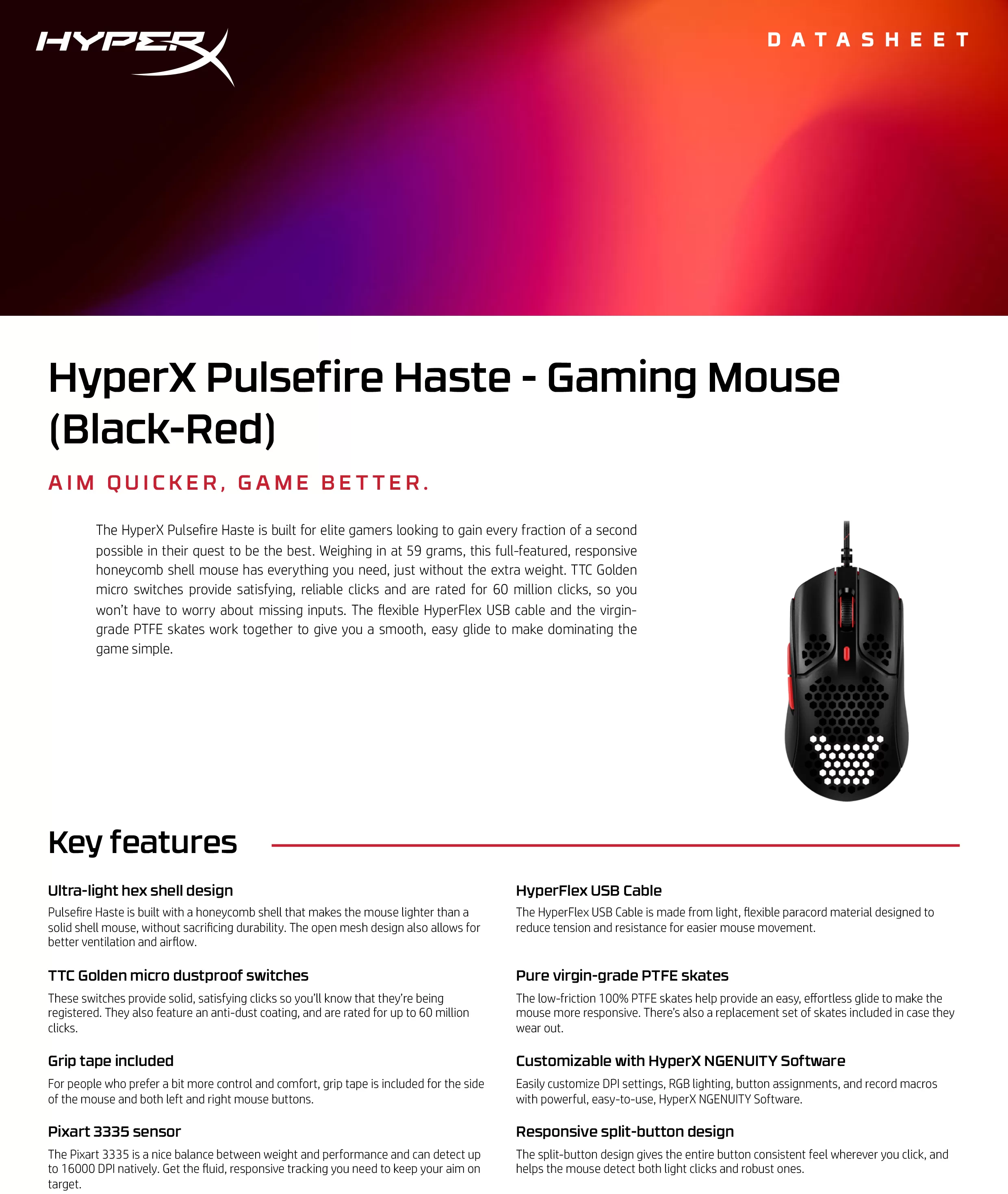 HyperX Pulsefire Haste - 電競滑鼠（黑/紅）