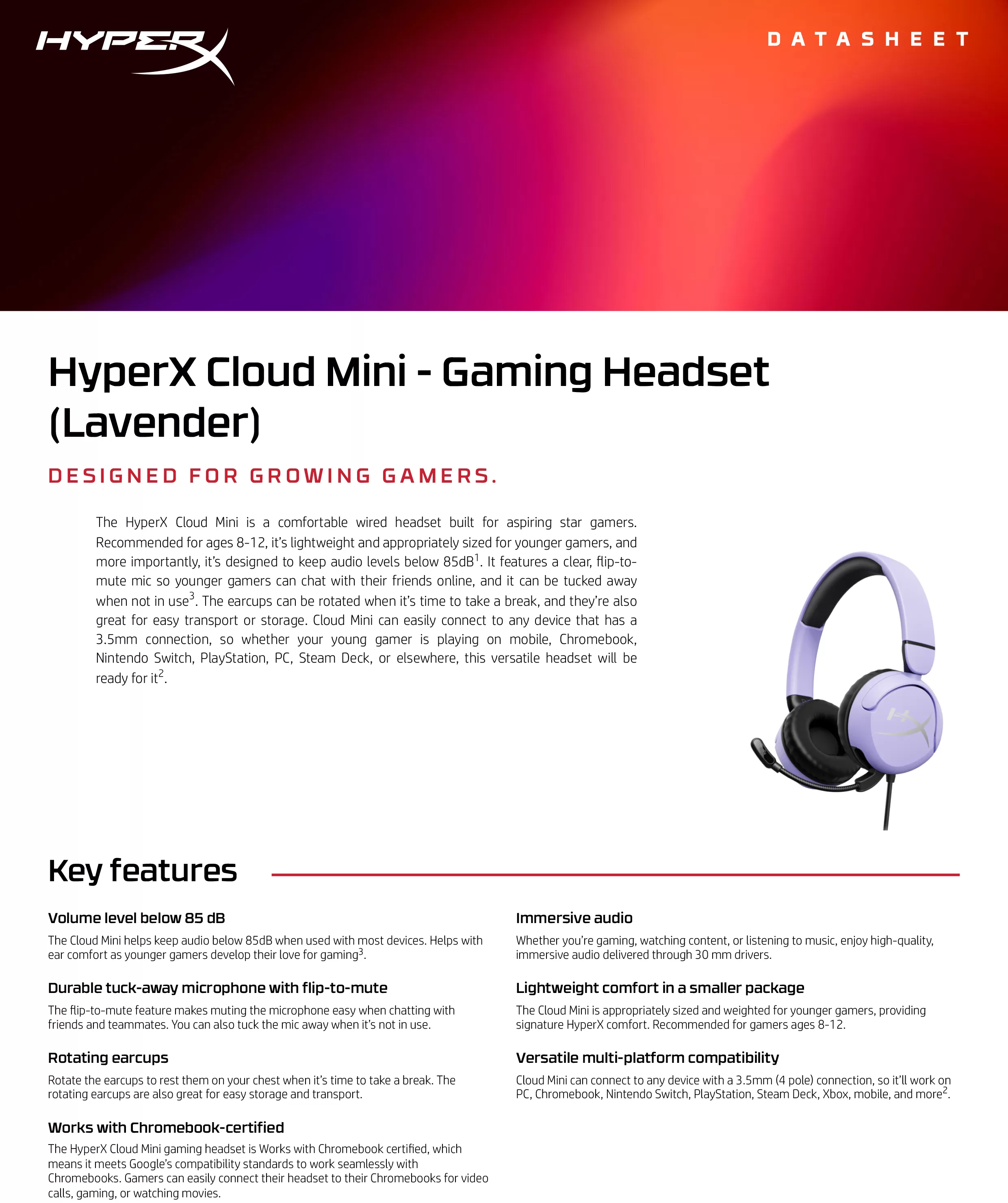 HyperX Cloud Mini - 電競耳機（淡紫色）