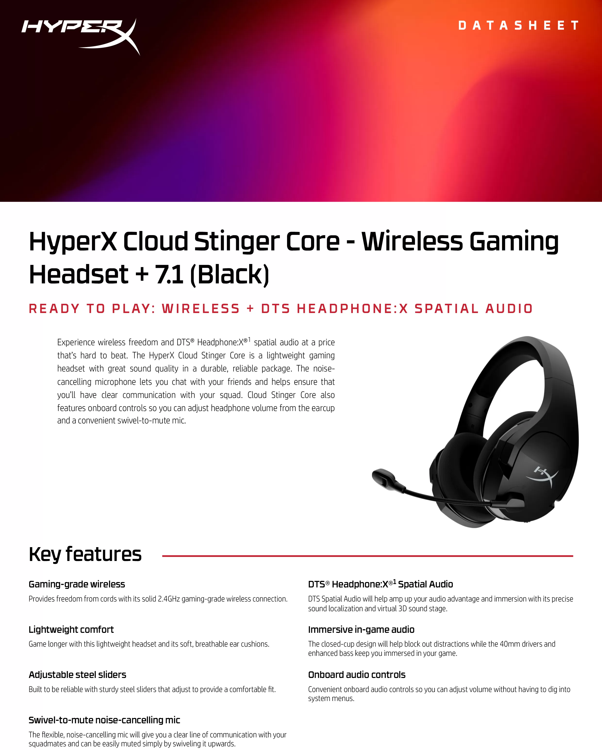 HyperX Cloud Stinger Core - 無線電競耳機 + 7.1（黑色）