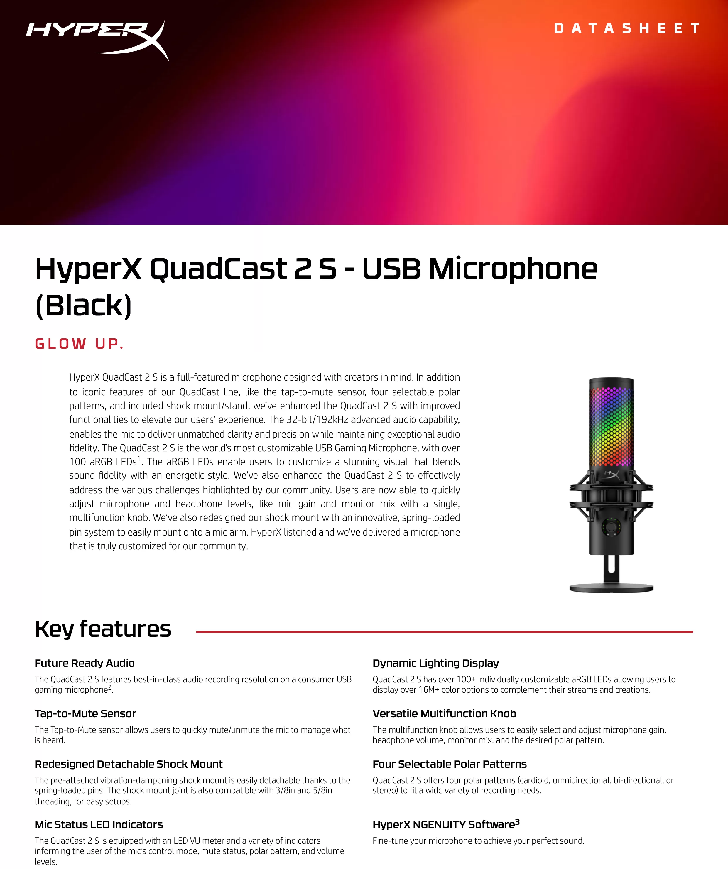 HyperX QuadCast 2 S — USB 麥克風（黑色）