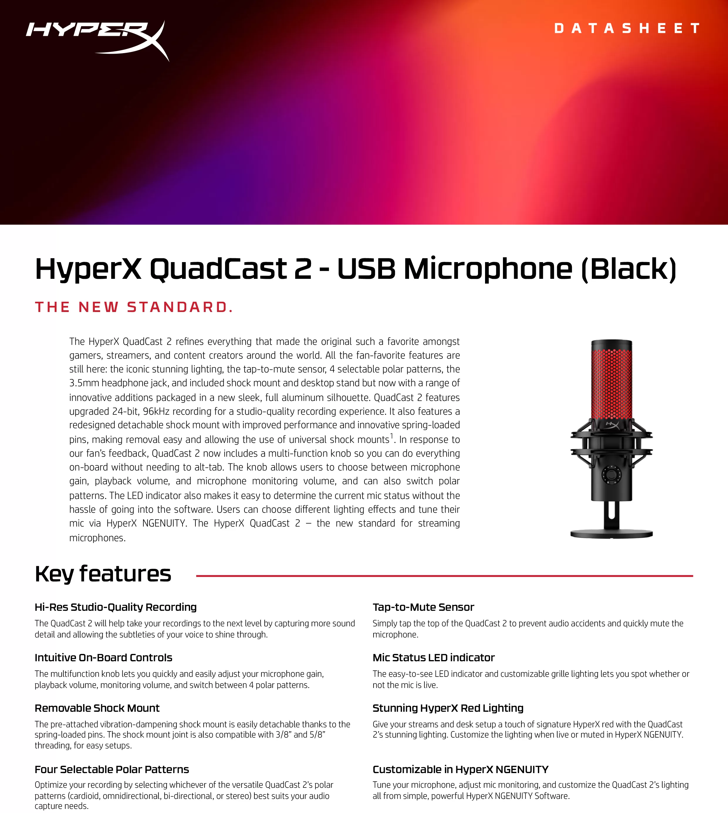 HyperX QuadCast 2 — USB 麥克風（黑色）