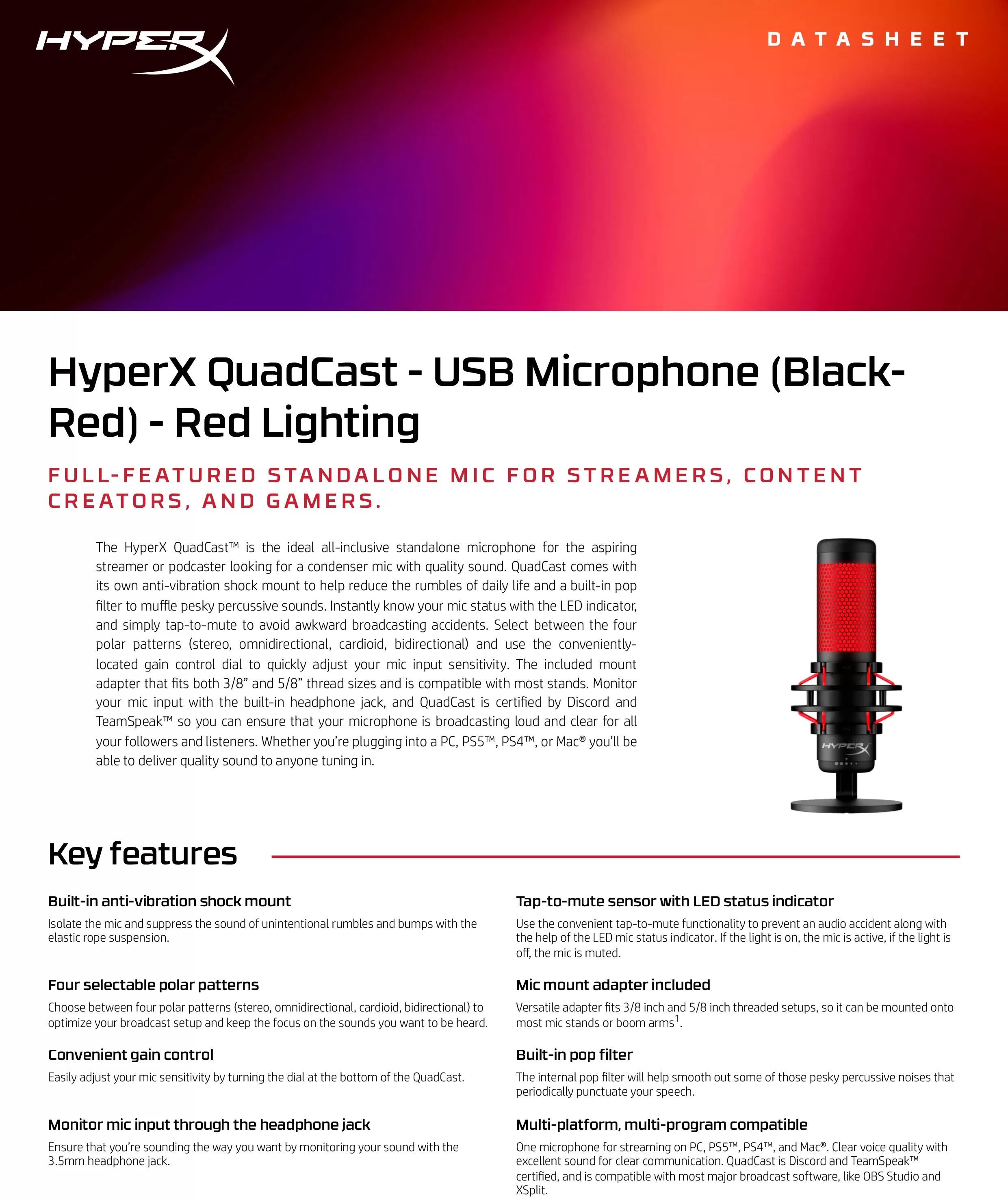 HyperX QuadCast - USB 麥克風（紅/黑） - 紅色燈效