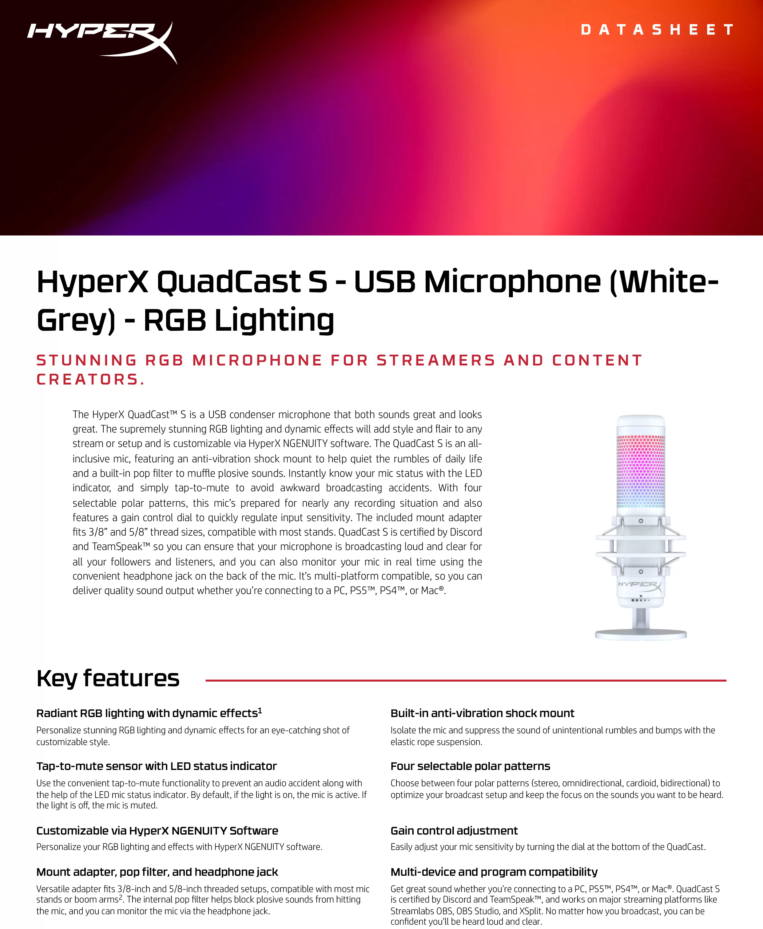 HyperX QuadCast S - USB 麥克風（白/灰） - RGB 燈效