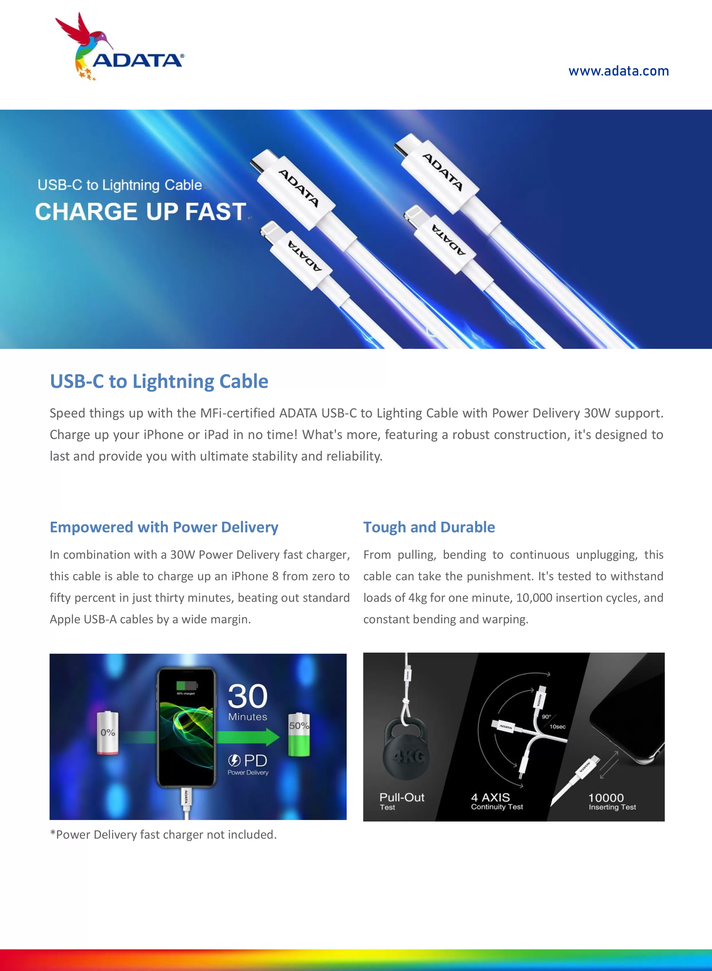 ADATA 威剛 USB-C 對 Lightning 充電傳輸線