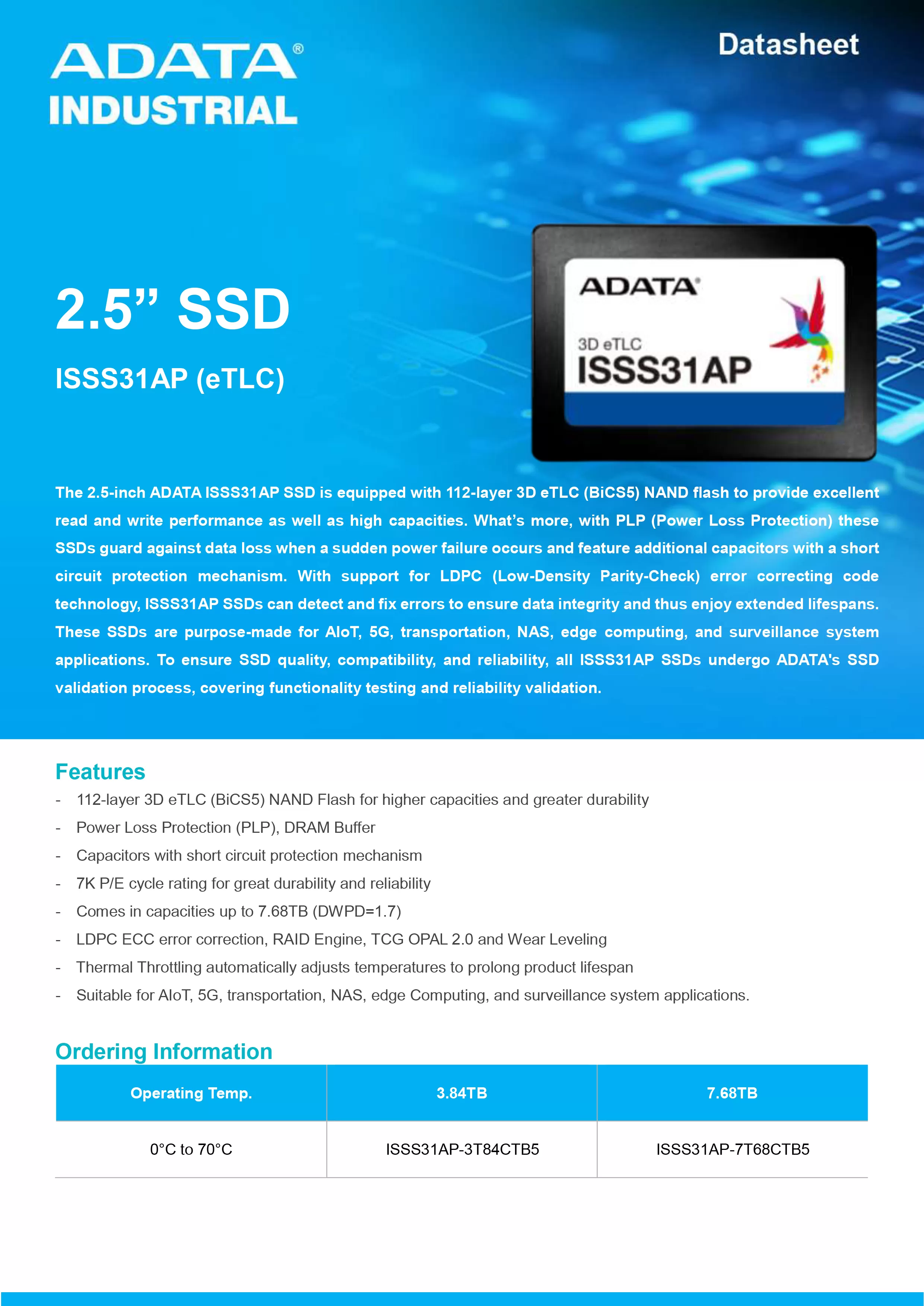 ADATA 威剛 ISSS31AP (eTLC) 工業級 SATA SSD