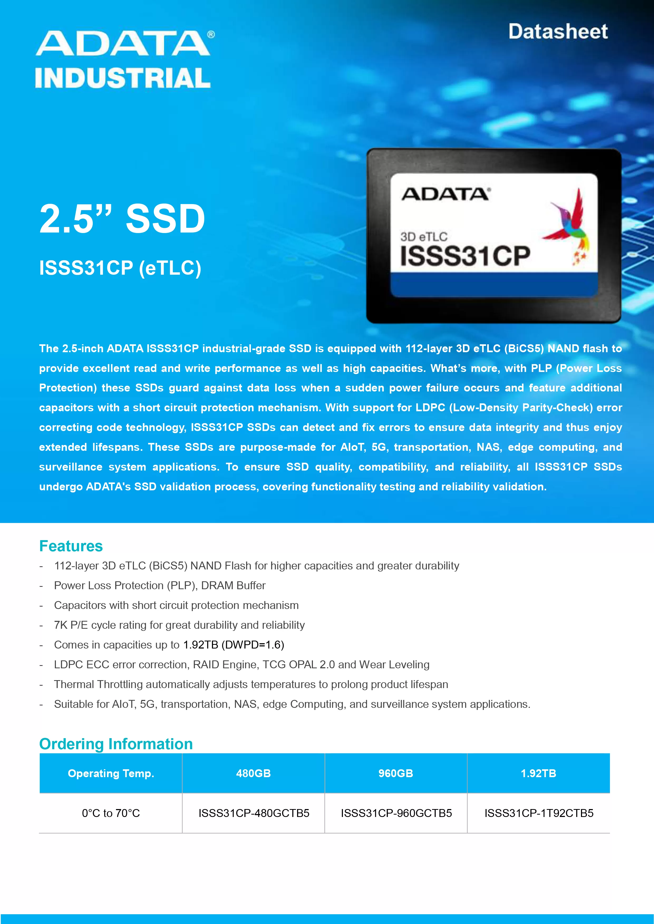 ADATA 威剛 ISSS31CP (eTLC) 工業級 SATA SSD