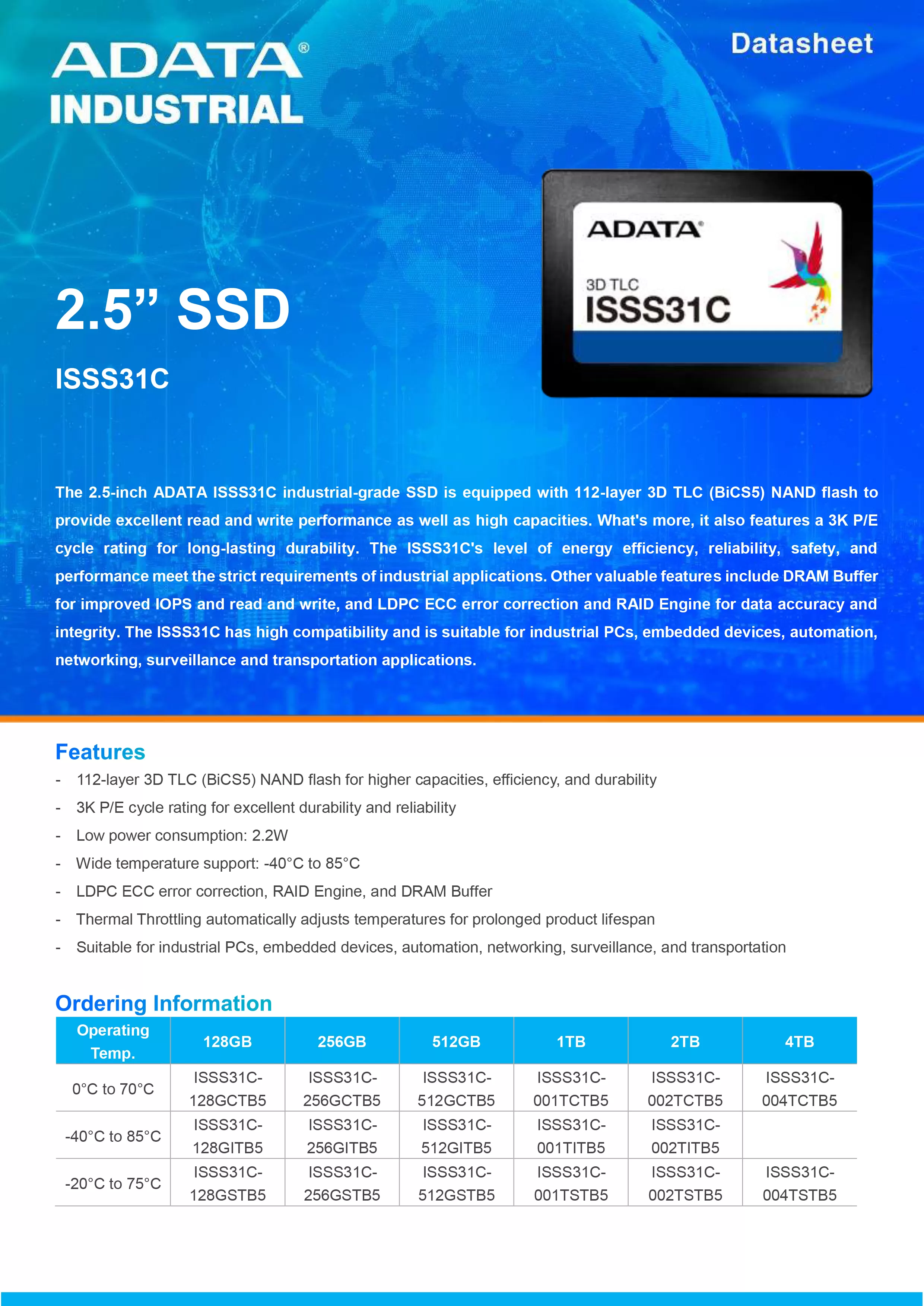 ADATA 威剛 ISSS31C 工業級 SATA SSD