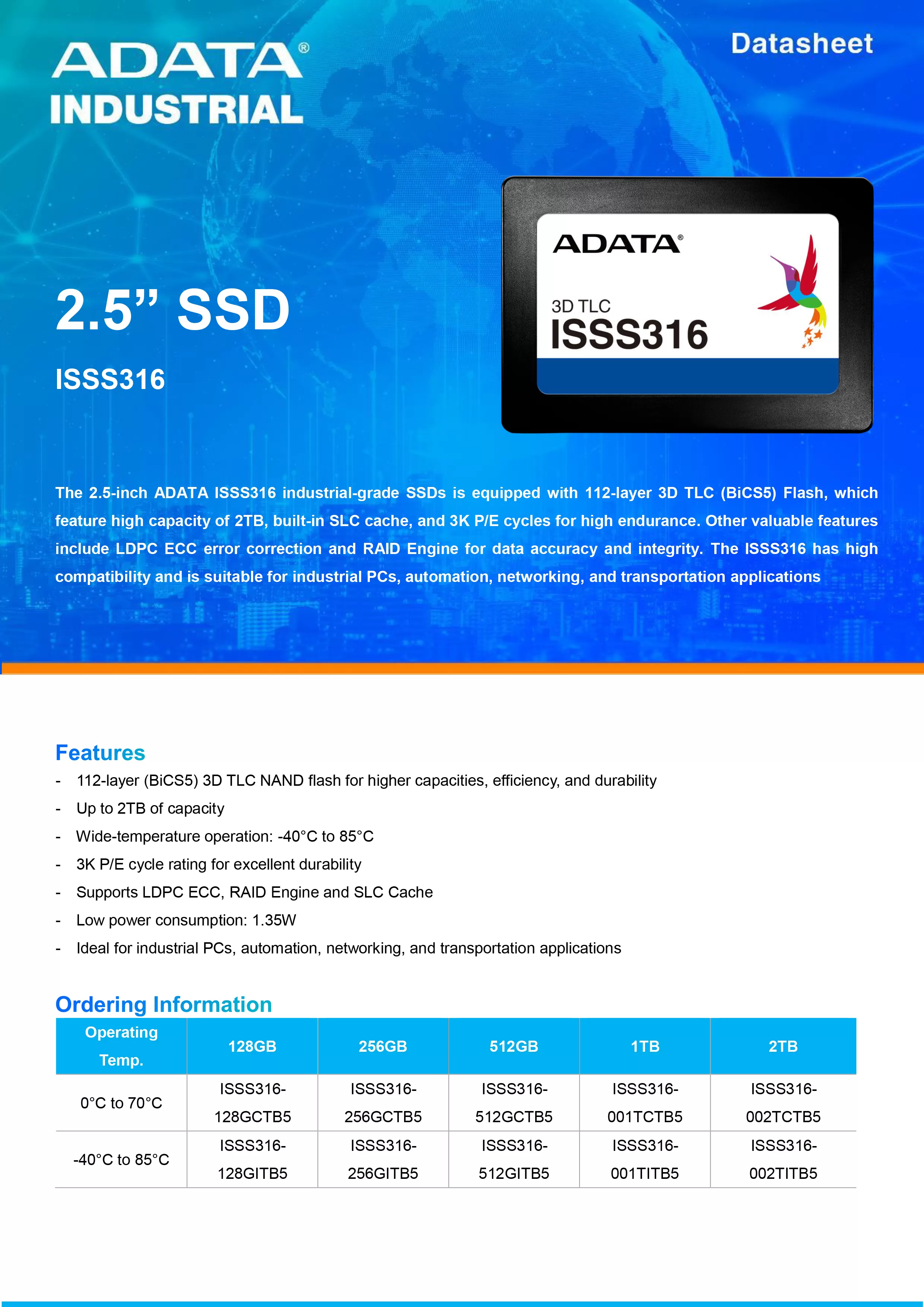 ADATA 威剛 ISSS316 工業級 SATA SSD