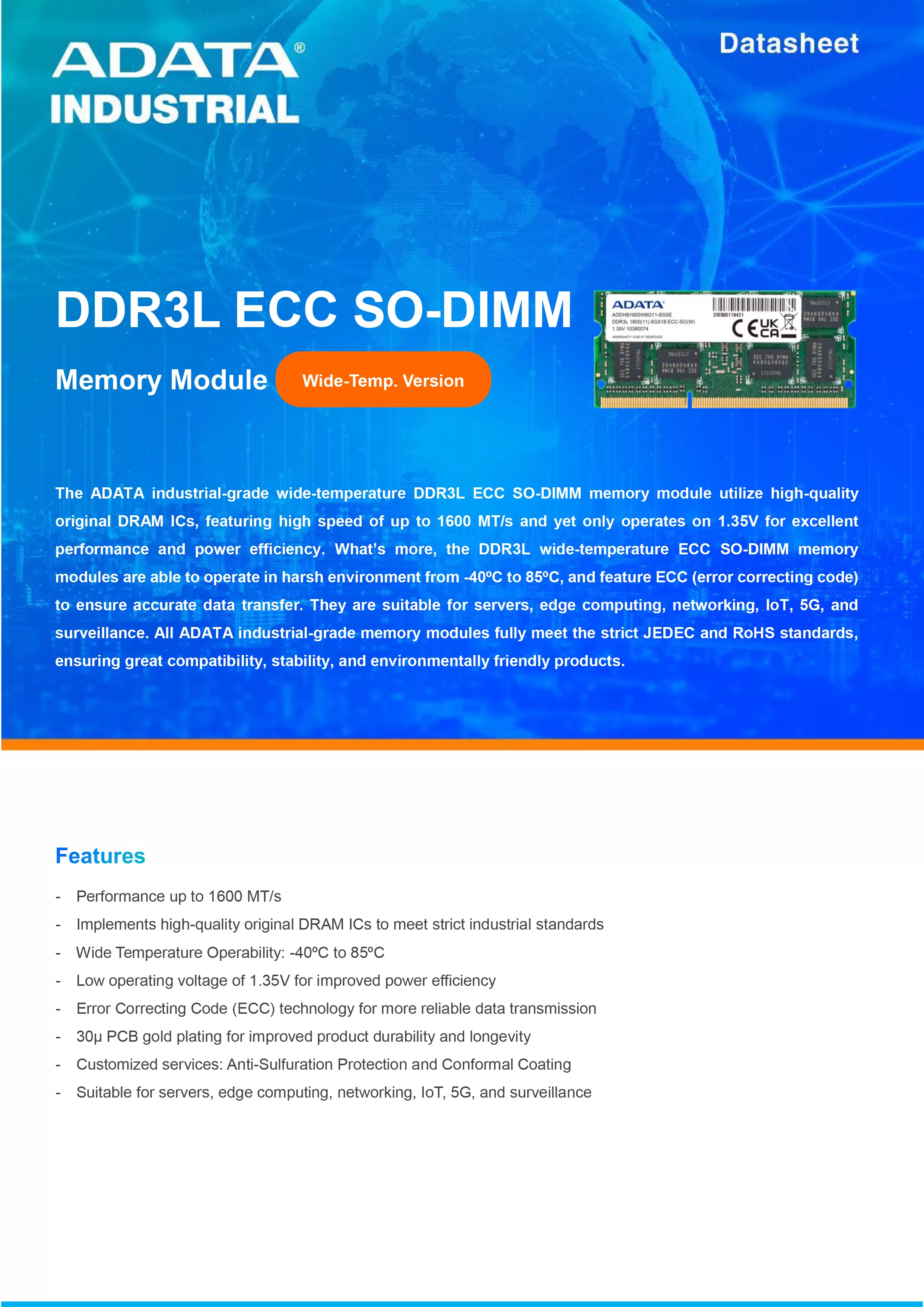 ADATA 威剛 DDR3L ECC SO-DIMM 工業級 寬溫版 記憶體模組