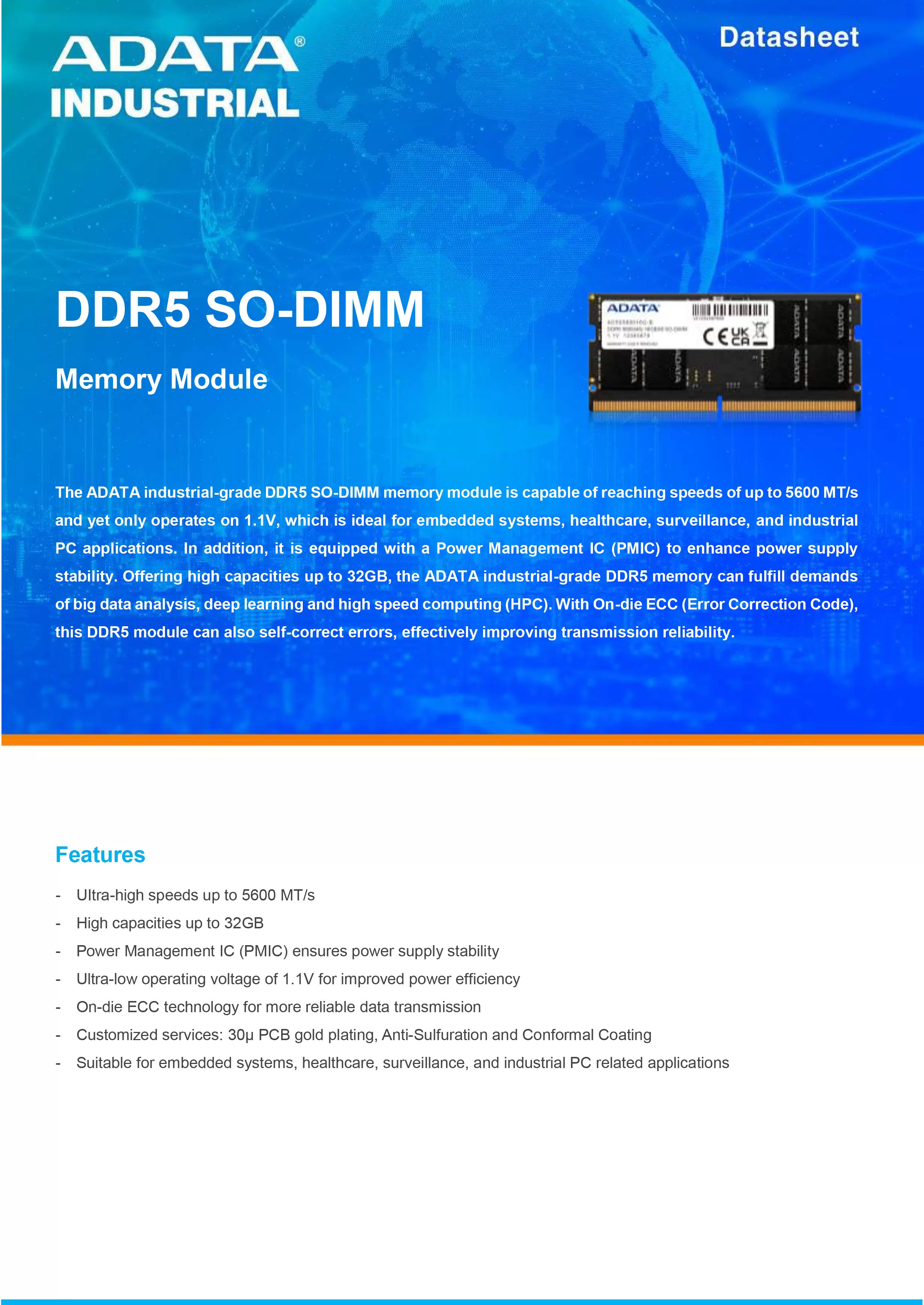 ADATA 威剛 DDR5 SO-DIMM 工業級 寬溫版 記憶體模組