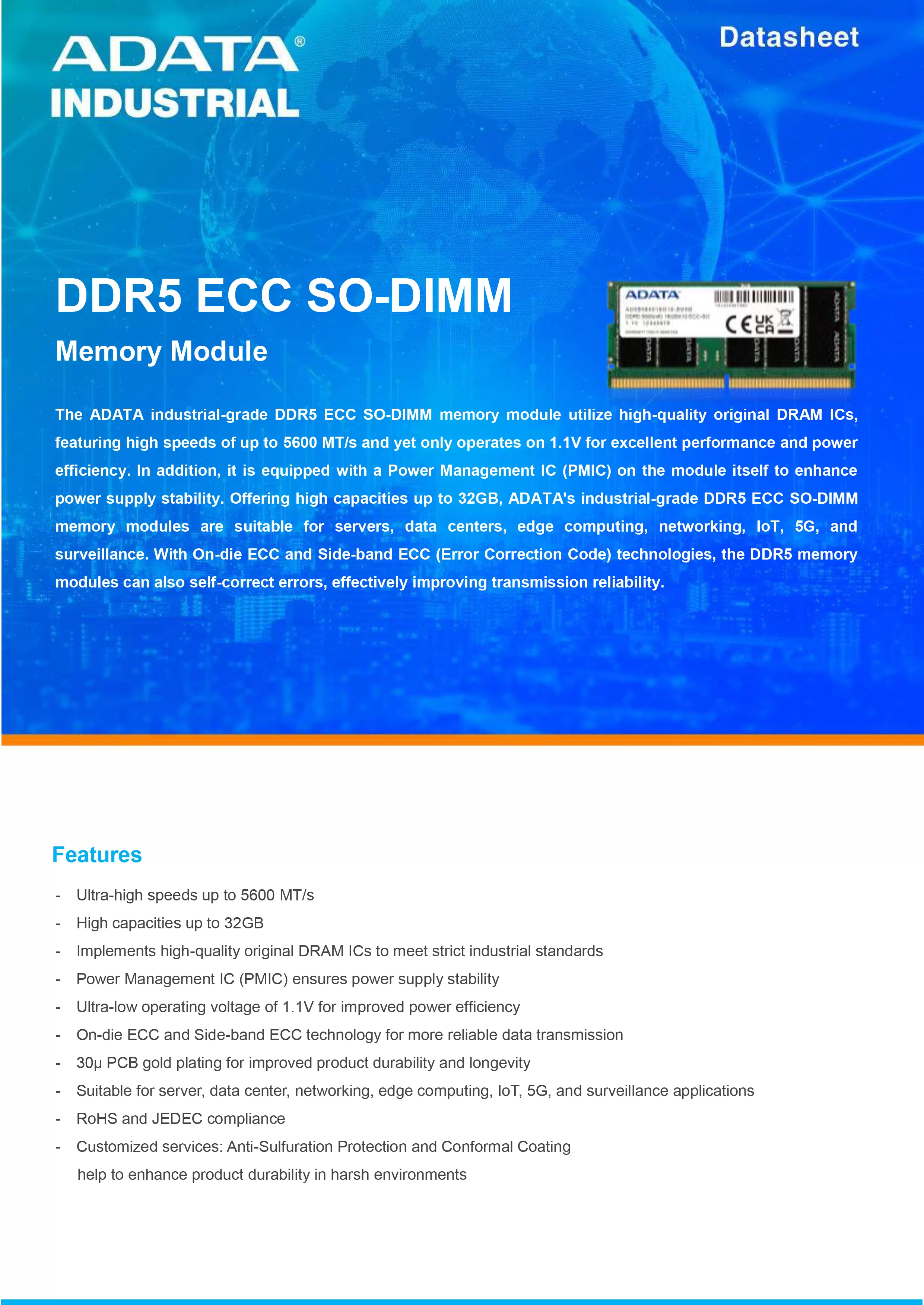 ADATA 威剛 DDR5 ECC SO-DIMM 工業級 伺服器 記憶體模組