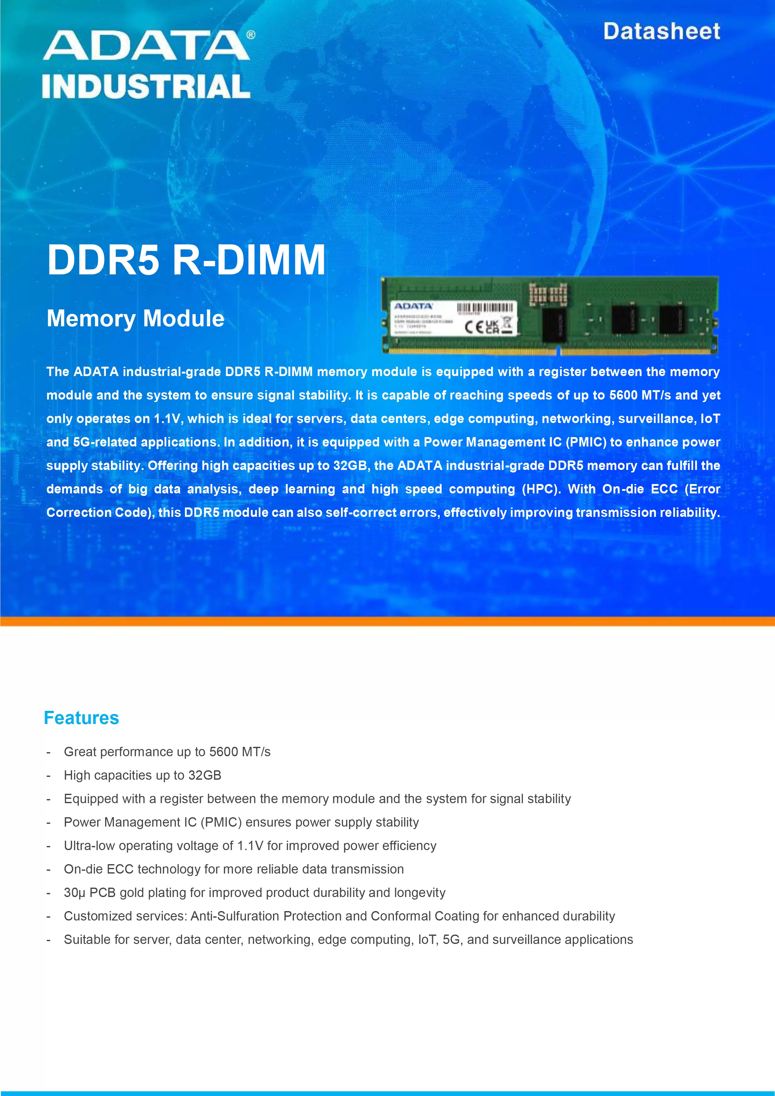 ADATA 威剛 DDR5 R-DIMM 工業級 伺服器 記憶體模組