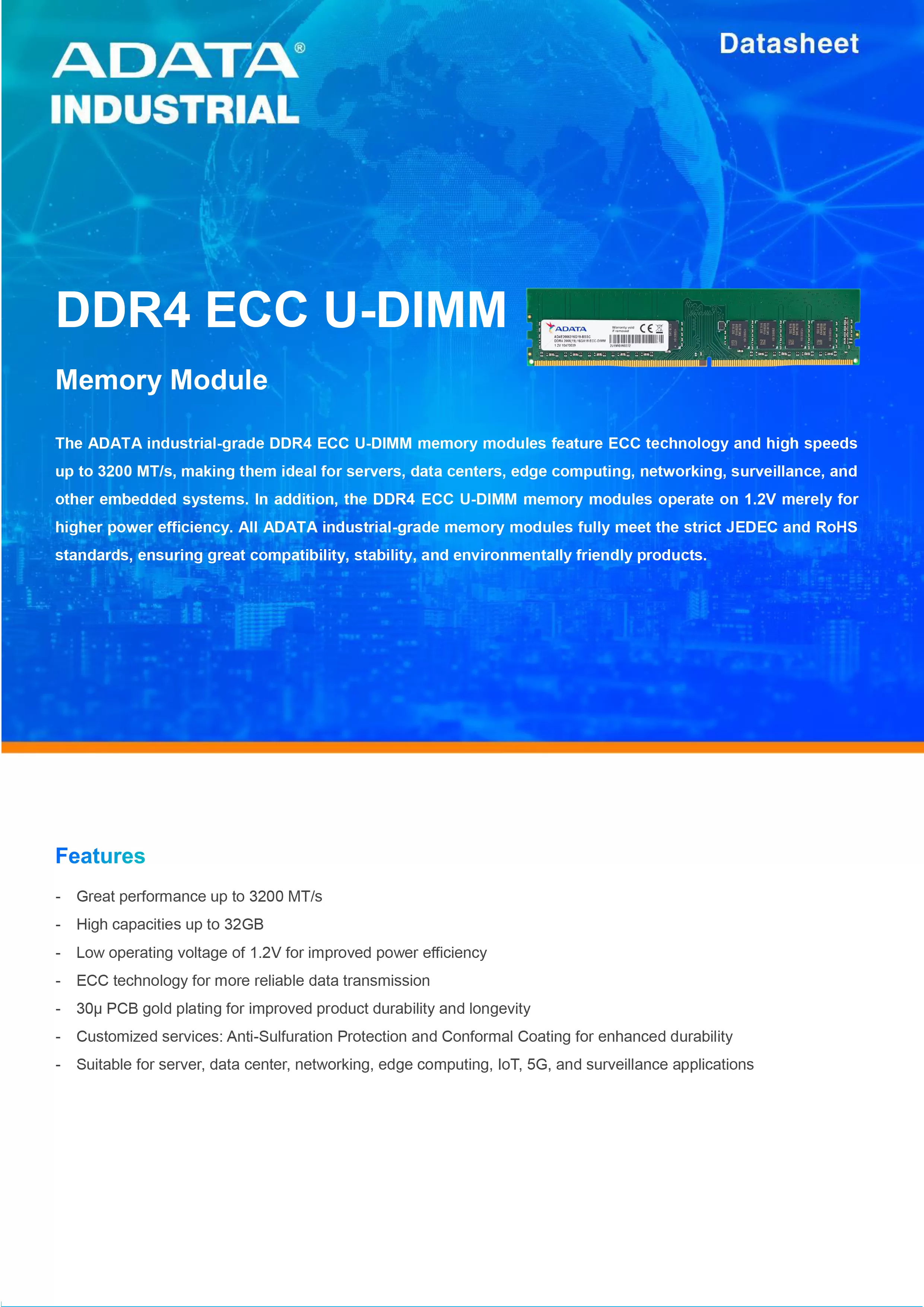 ADATA 威剛 DDR4 ECC U-DIMM 工業級 伺服器 記憶體模組