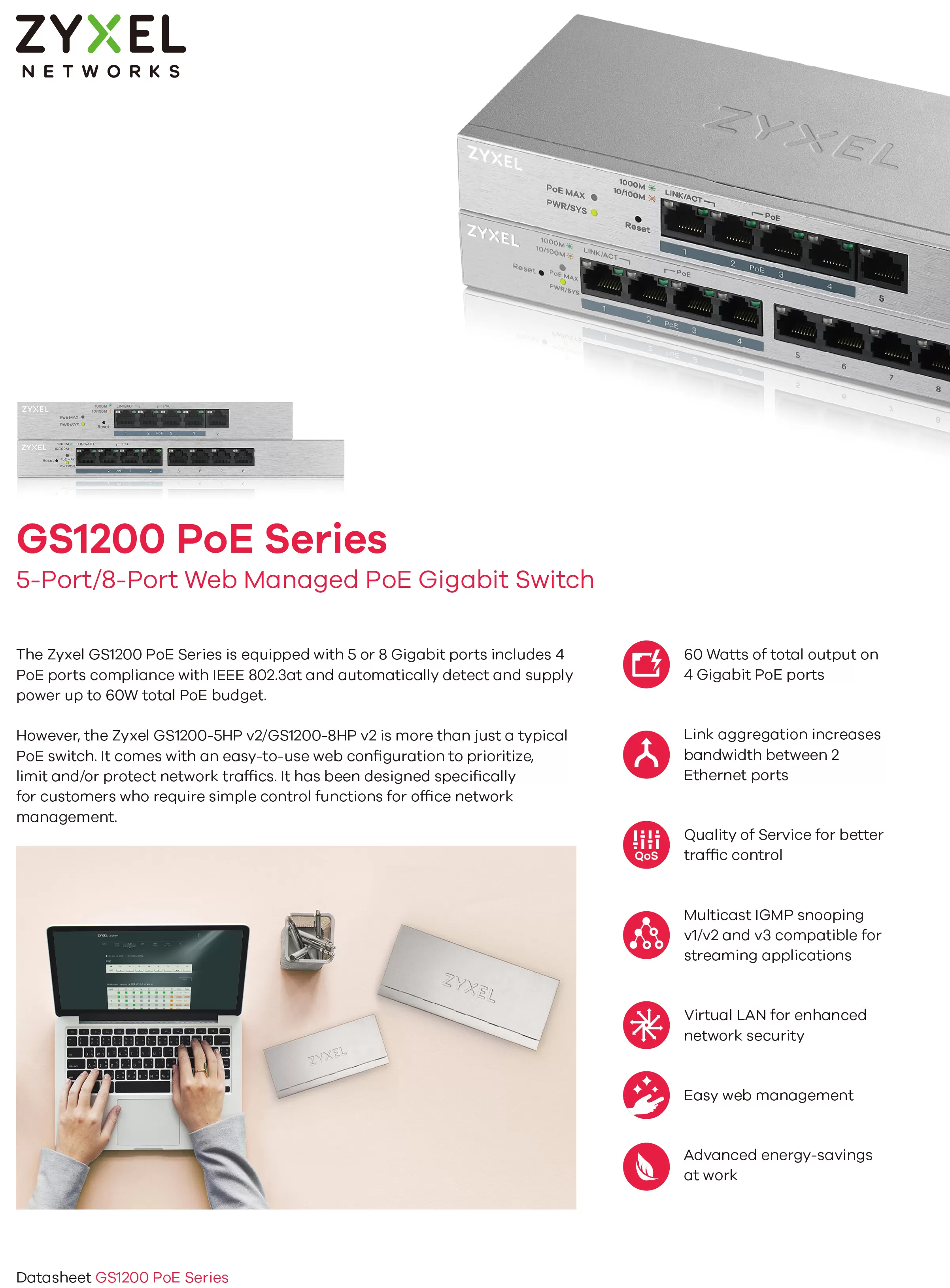 Zyxel 兆勤 GS1200-8HP v2 8埠GbE網頁管理型PoE交換器