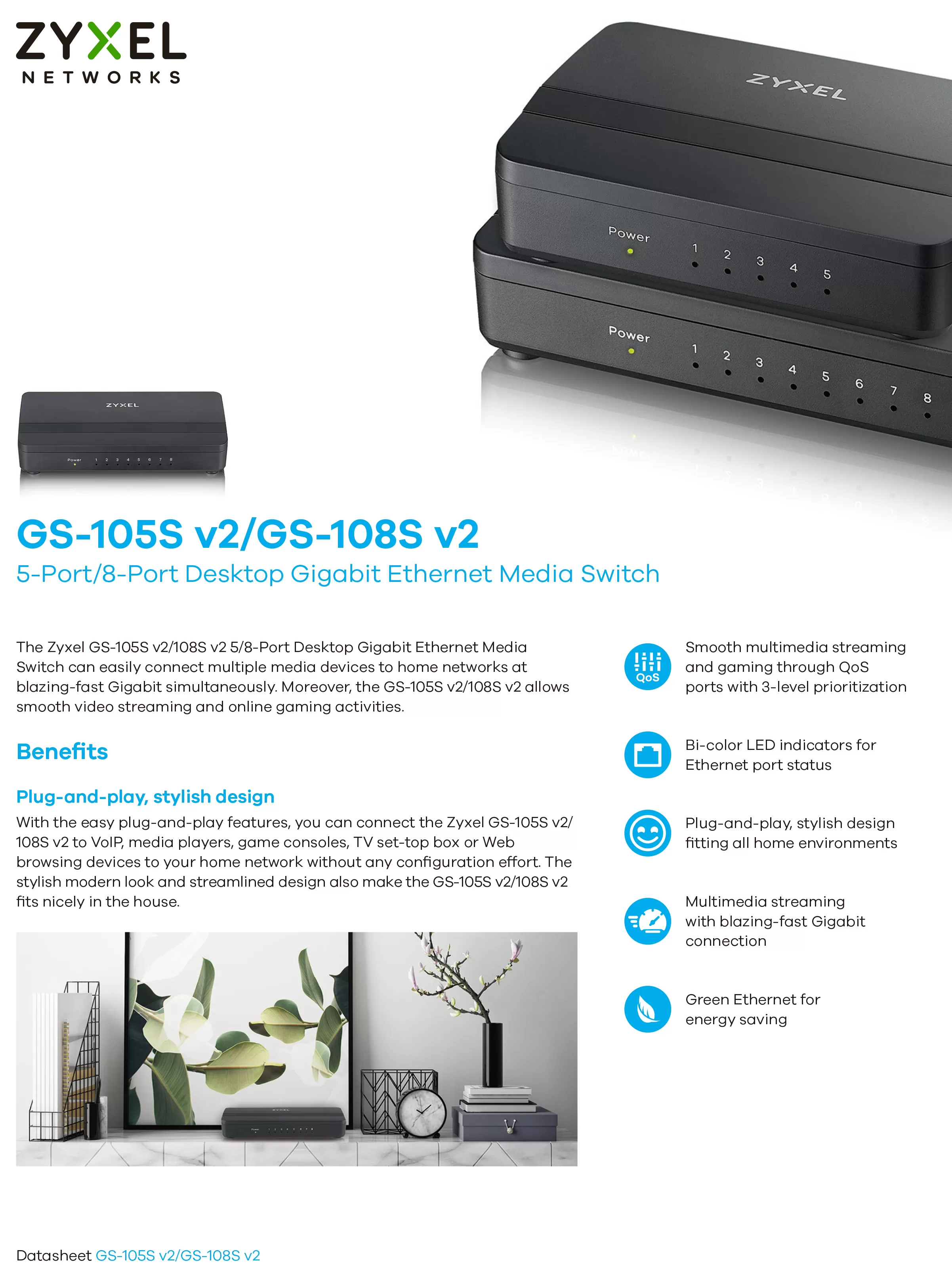 Zyxel 兆勤 GS-108S v2 8埠 桌上型 Gigabit 多媒體乙太網路交換器