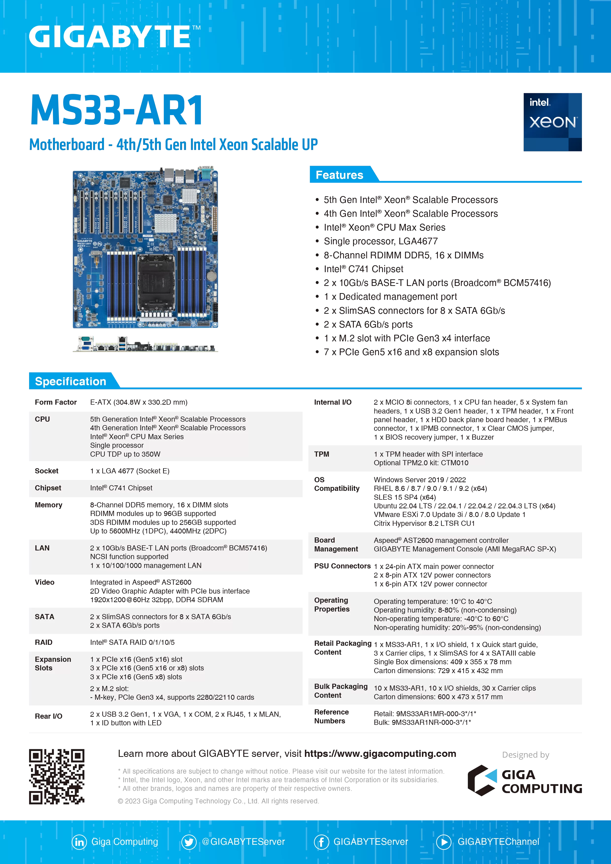 GIGABYTE 技嘉 Intel MS33-AR1 伺服器主機板