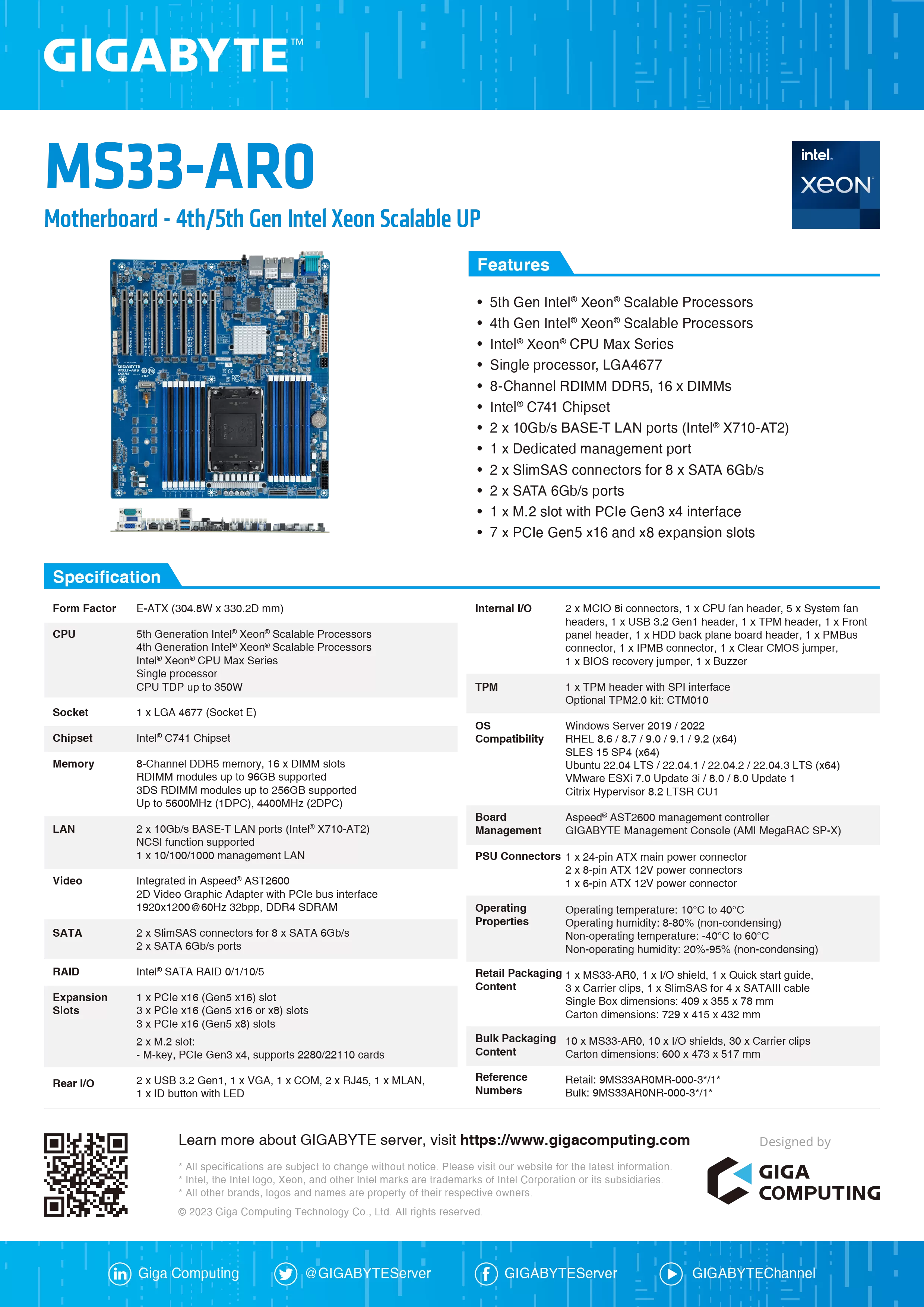 GIGABYTE 技嘉 Intel MS33-AR0 伺服器主機板