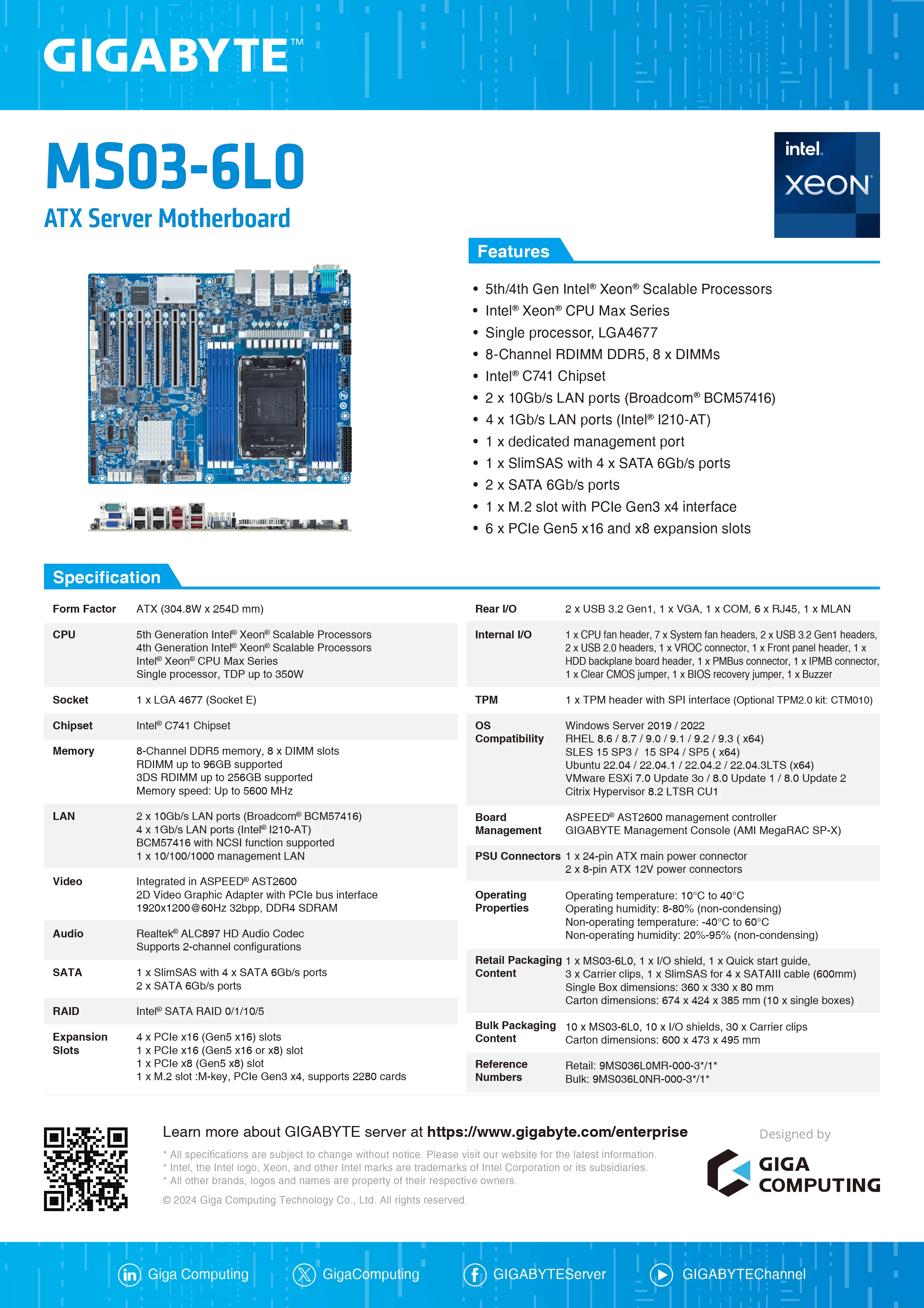 GIGABYTE 技嘉 Intel MS03-6L0 伺服器主機板