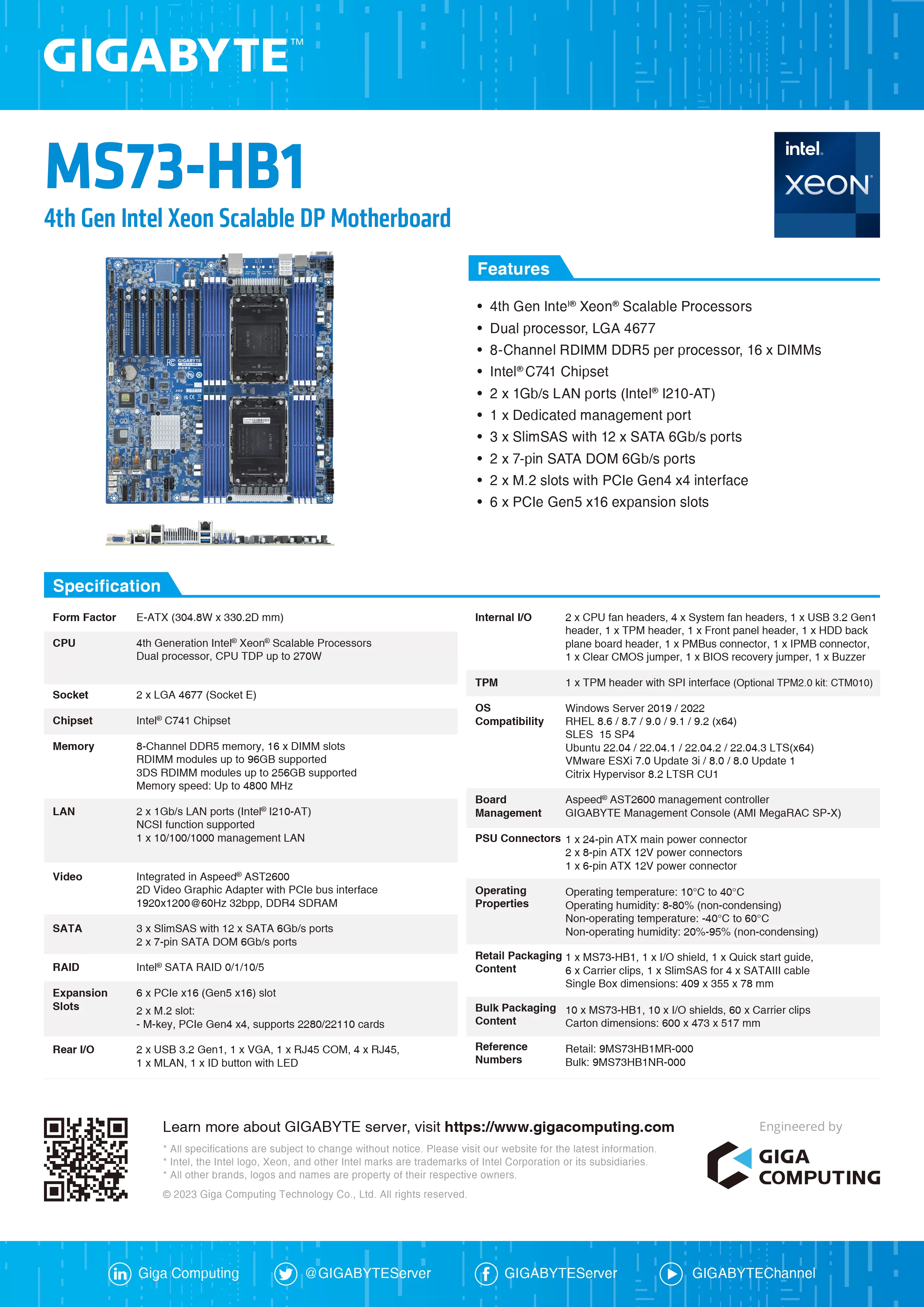 GIGABYTE 技嘉 Intel MS73-HB1 伺服器主機板