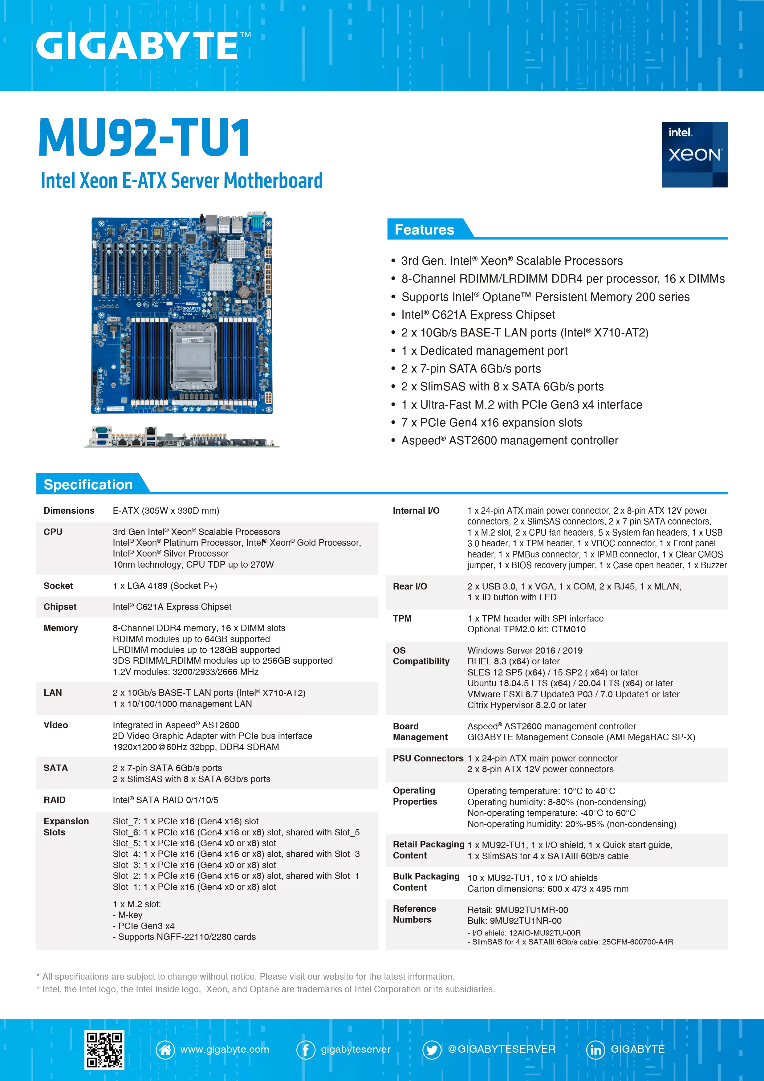 GIGABYTE 技嘉 Intel MU92-TU1 伺服器主機板