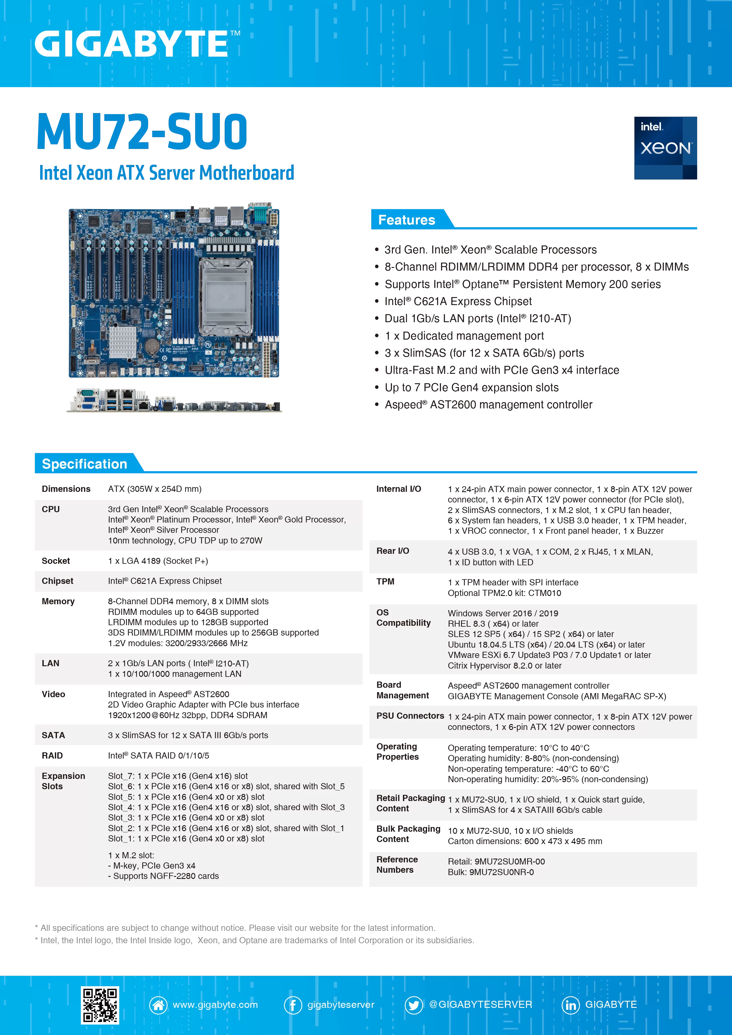 GIGABYTE 技嘉 Intel MU72-SU0 伺服器主機板